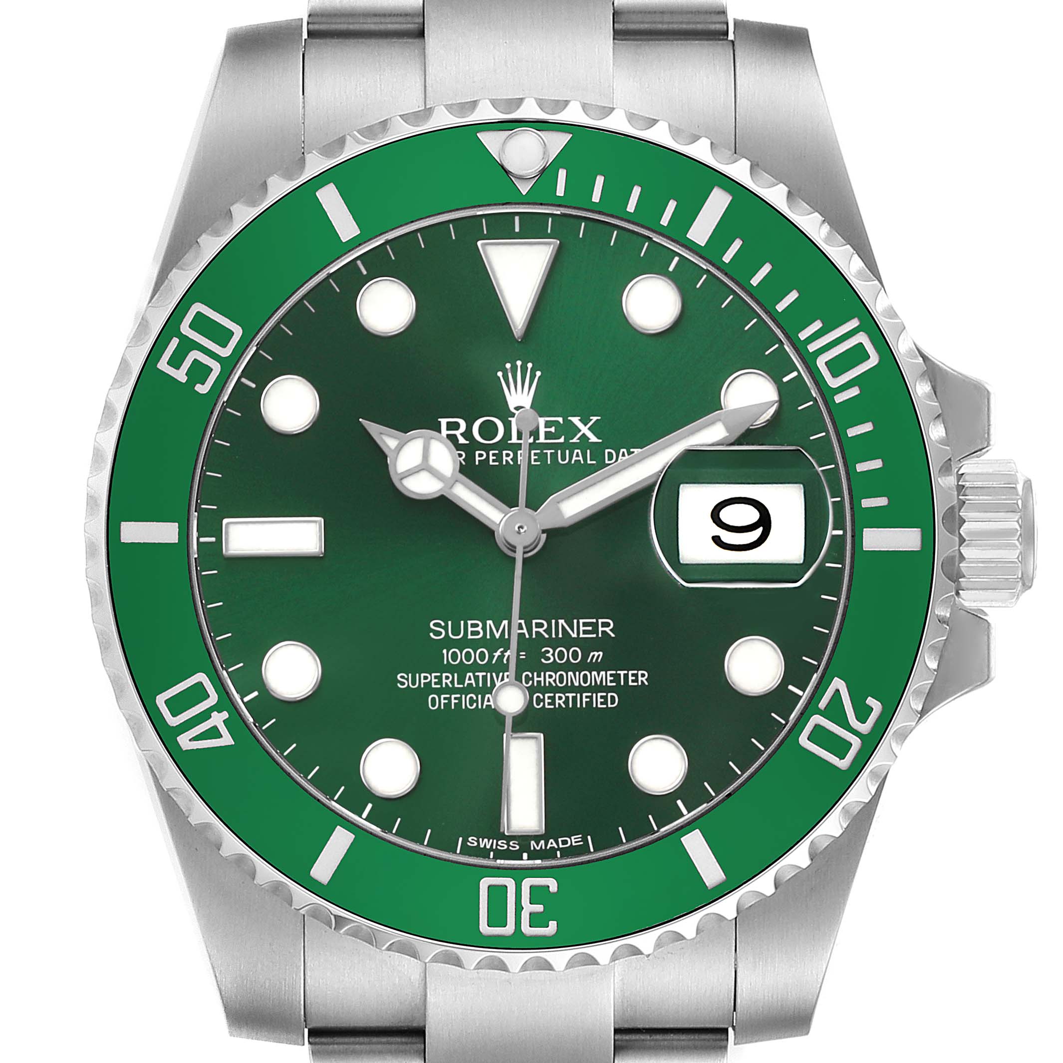 The image shows a frontal view of a Rolex Submariner 116610LV Men's Stainless Steel Green Dial watch, highlighting the green bezel, dial, and date window.