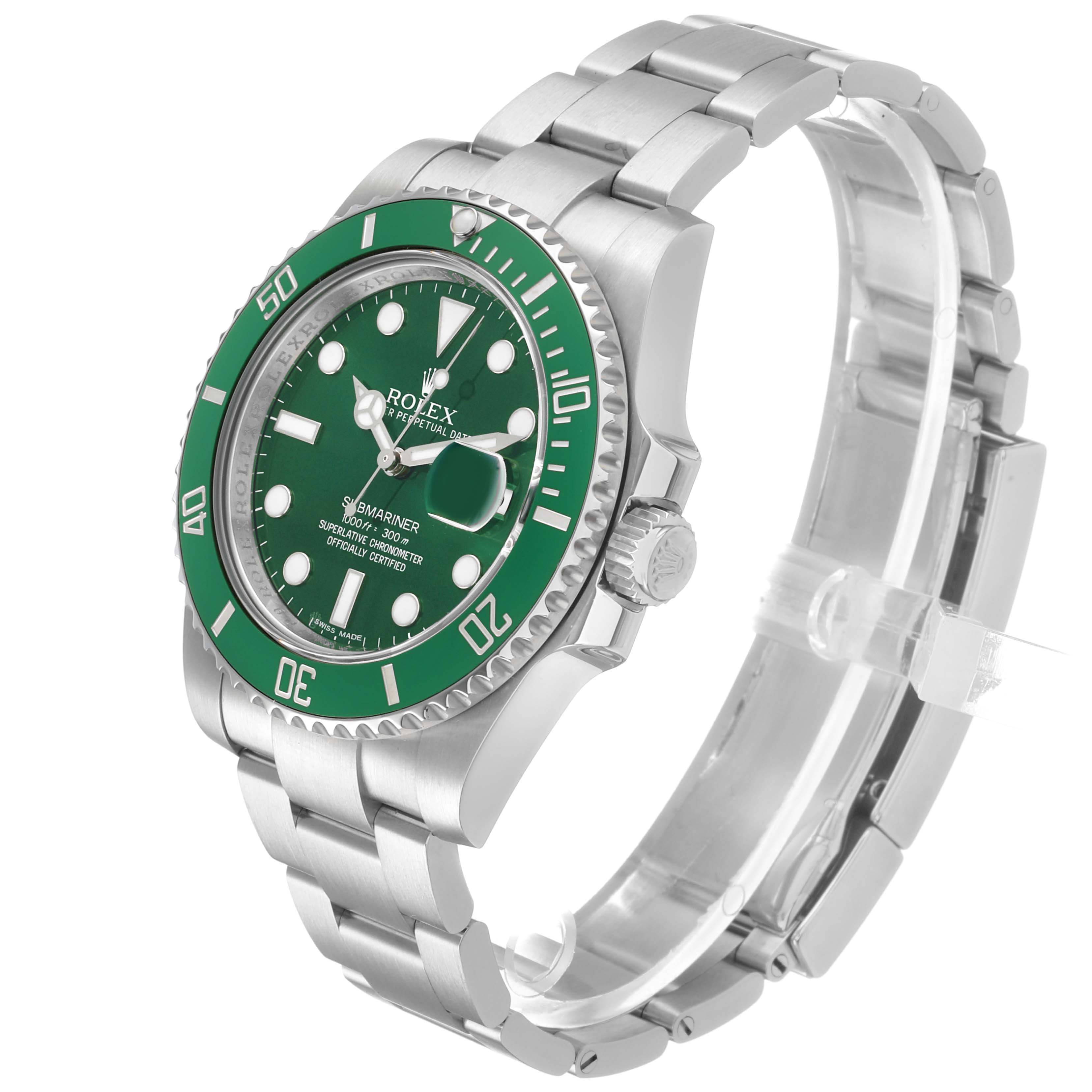 The Rolex Submariner 116610LV Men's Stainless Steel Green Dial watch is shown at a three-quarter angle, highlighting its green bezel and dial, silver bracelet, and crown.
