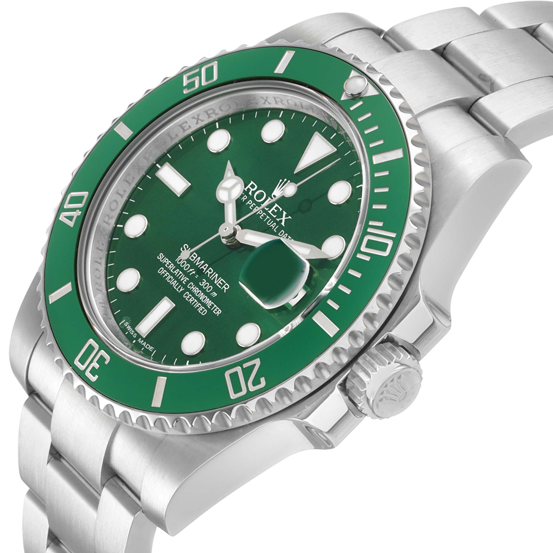 The Rolex Submariner 116610LV Men's Stainless Steel Green Dial watch is shown at a three-quarter angle, highlighting the green bezel, dial, and crown.