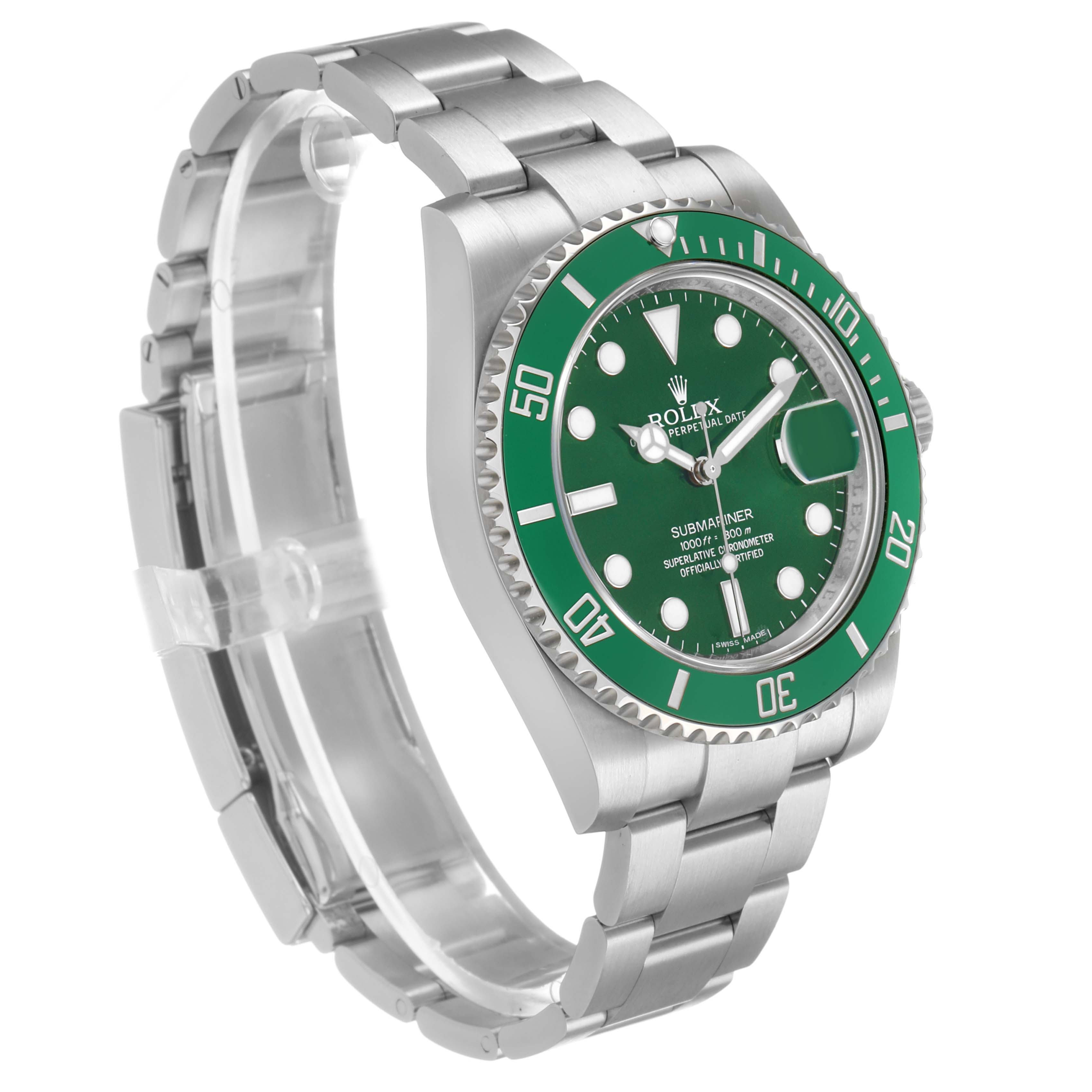 The Rolex Submariner 116610LV Men's Stainless Steel Green Dial watch is shown at a three-quarter angle, displaying the green dial, bezel, and metal bracelet.