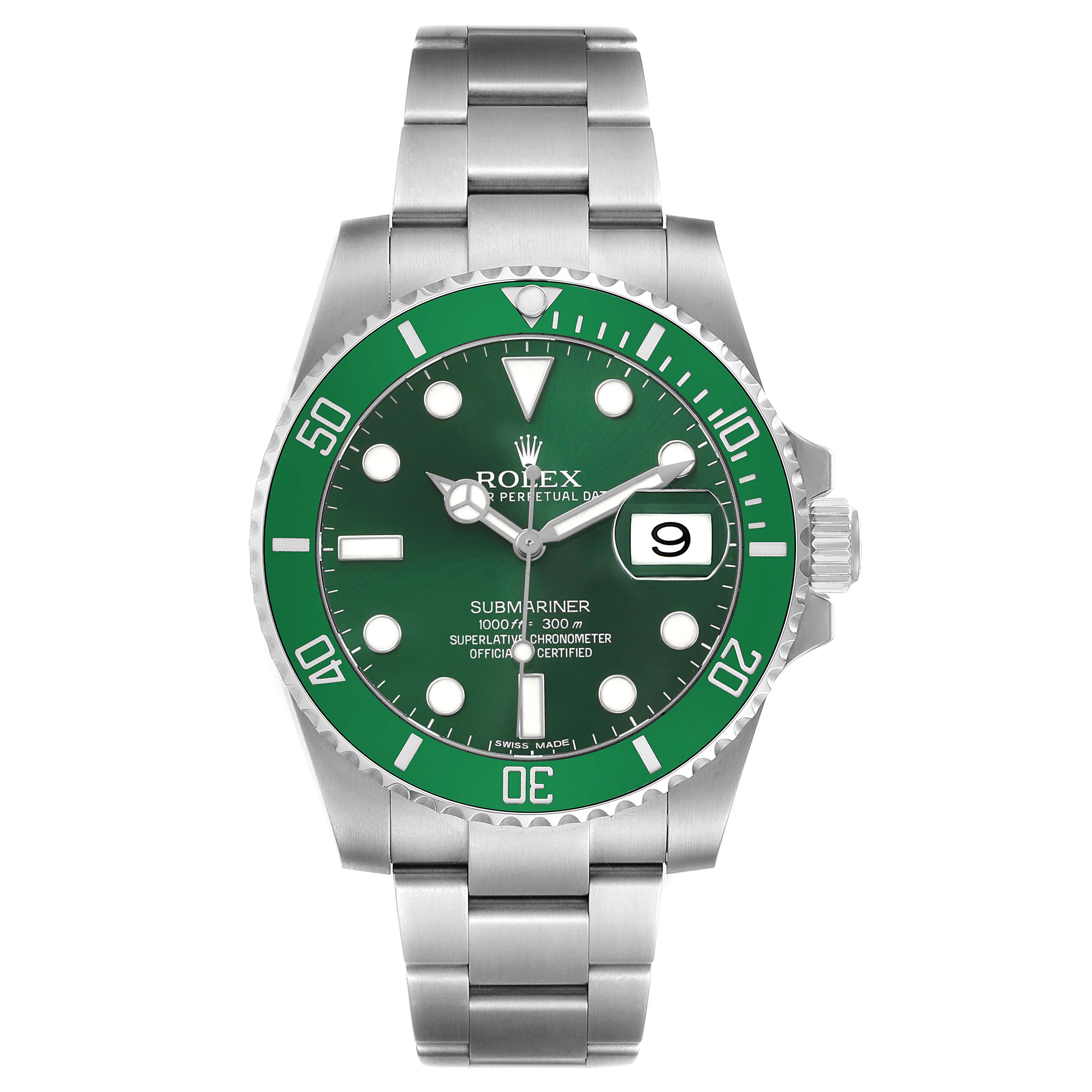 The Rolex Submariner 116610LV Men's Stainless Steel Green Dial watch is shown from a front angle, highlighting the green bezel, dial, hands, date window, and bracelet.