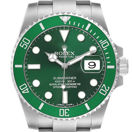 The Rolex Submariner 116610LV Men's Stainless Steel Green Dial watch is shown from a front angle, highlighting its green bezel, dial, and date function.