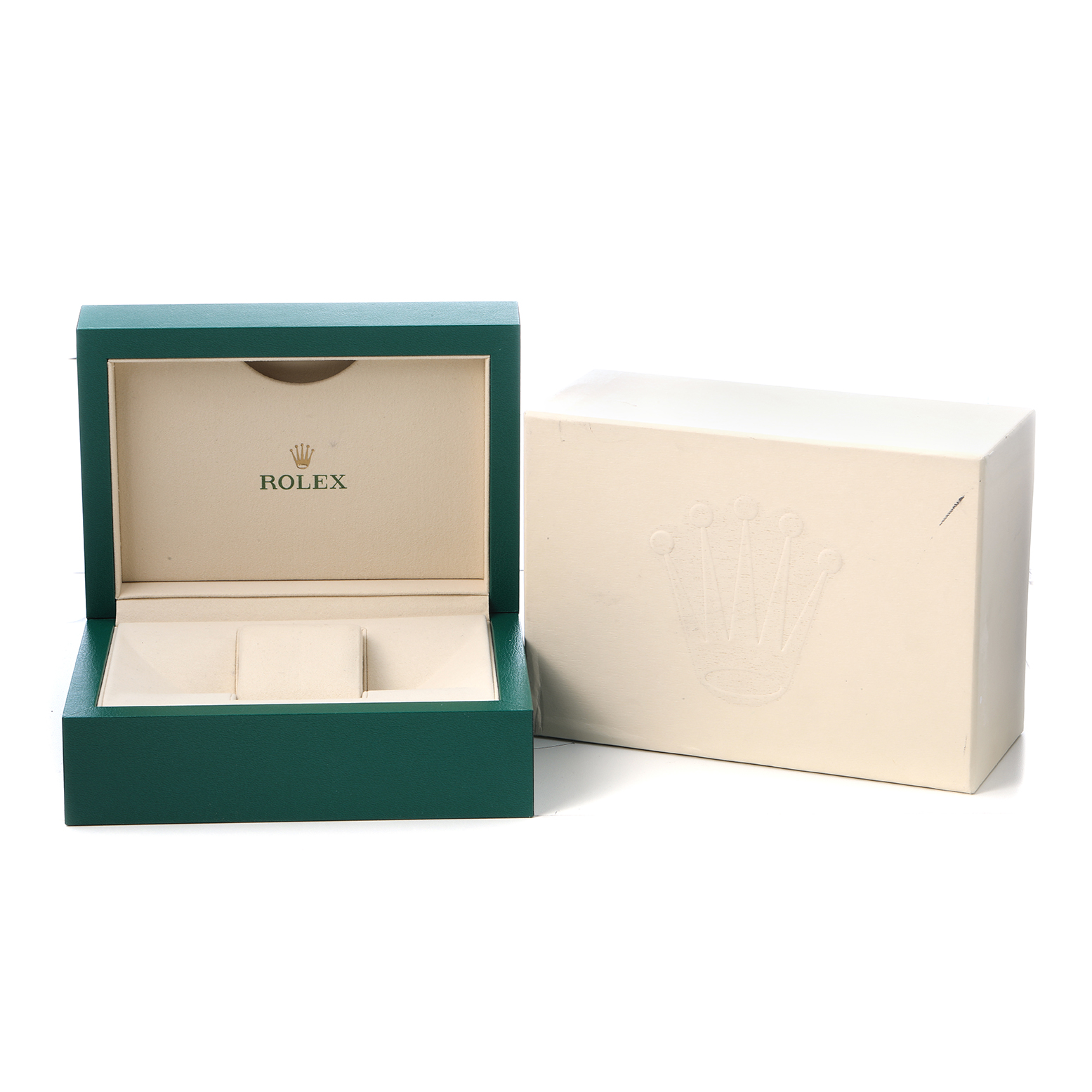 The image shows an open Rolex Submariner 116610LV Men's Stainless Steel Green Dial watch box at a front angle, with the outer packaging beside it.