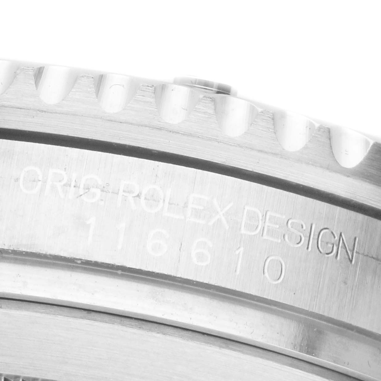 The image shows a close-up of the side engraving on a Rolex Submariner 116610LV Men's Stainless Steel Green Dial watch, highlighting the "Rolex Design" and model number.