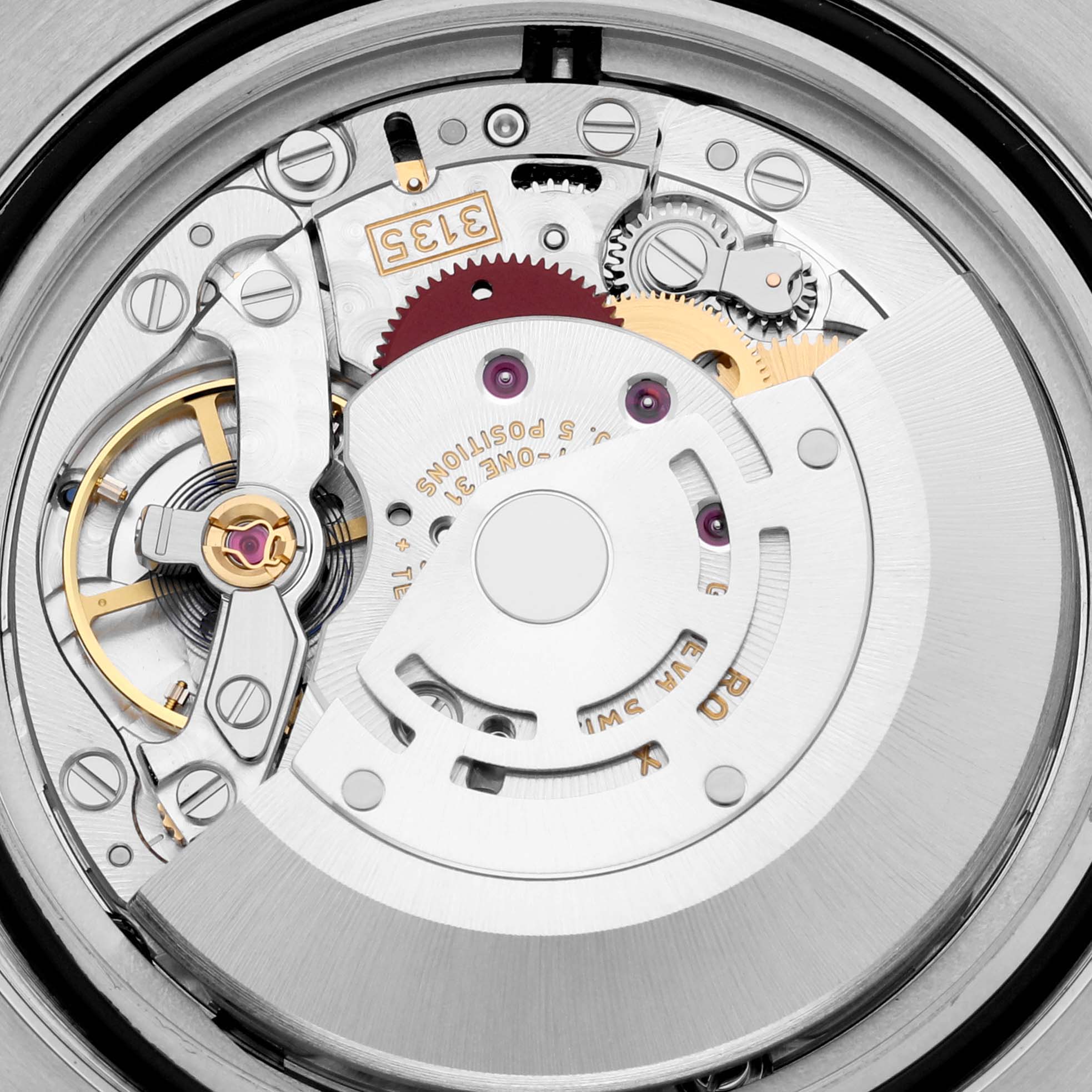 This is a close-up view of the movement inside a Rolex Submariner 116610LV Men
s Stainless Steel Green Dial 116610LV Men
s Stainless Steel Green Dial watch, showing gears and mechanical components.