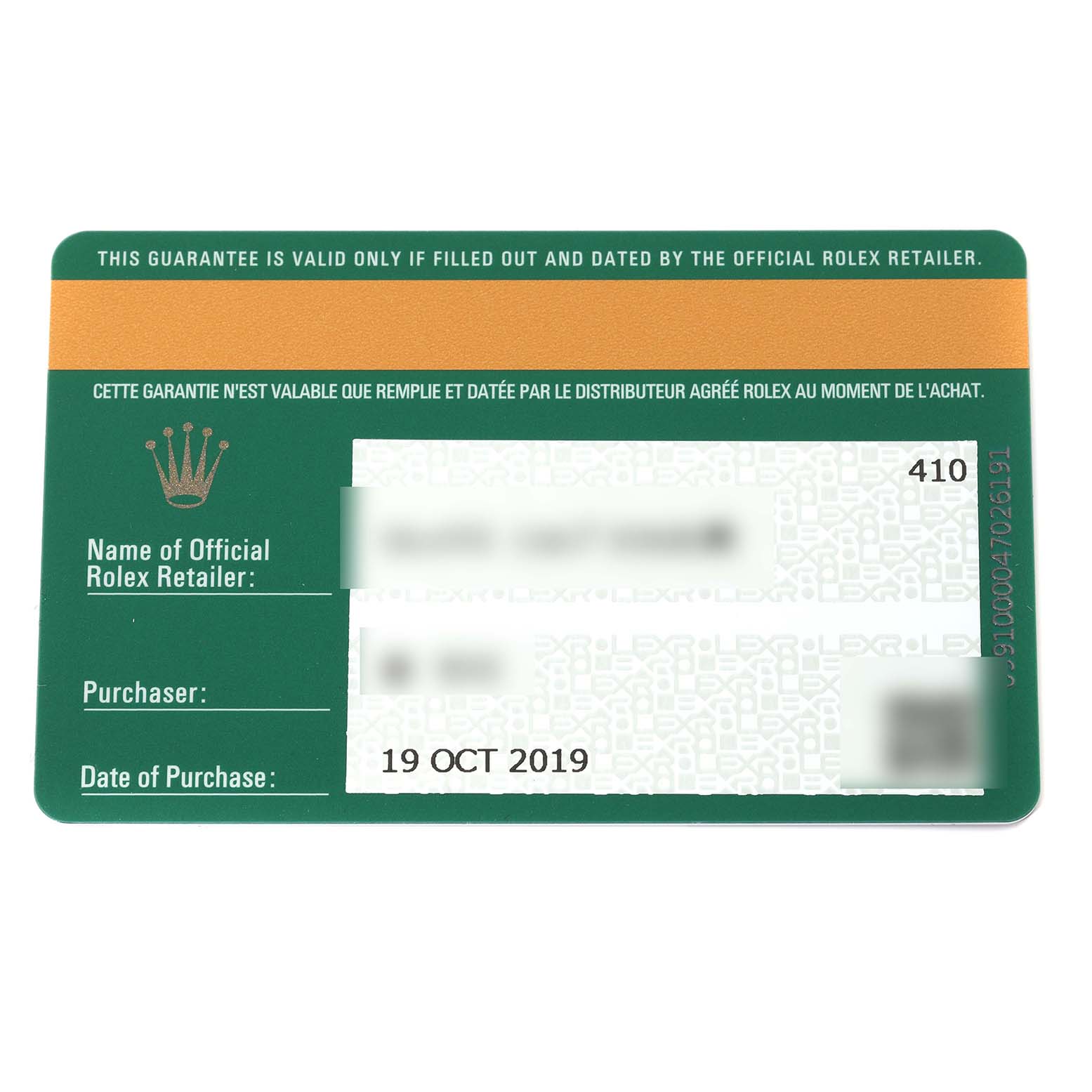 The image shows a Rolex Submariner 116610LV Men
s Stainless Steel Green Dial 116610LV Men
s Stainless Steel Green Dial warranty card, displaying the retailer
s name, purchaser, and date of purchase.