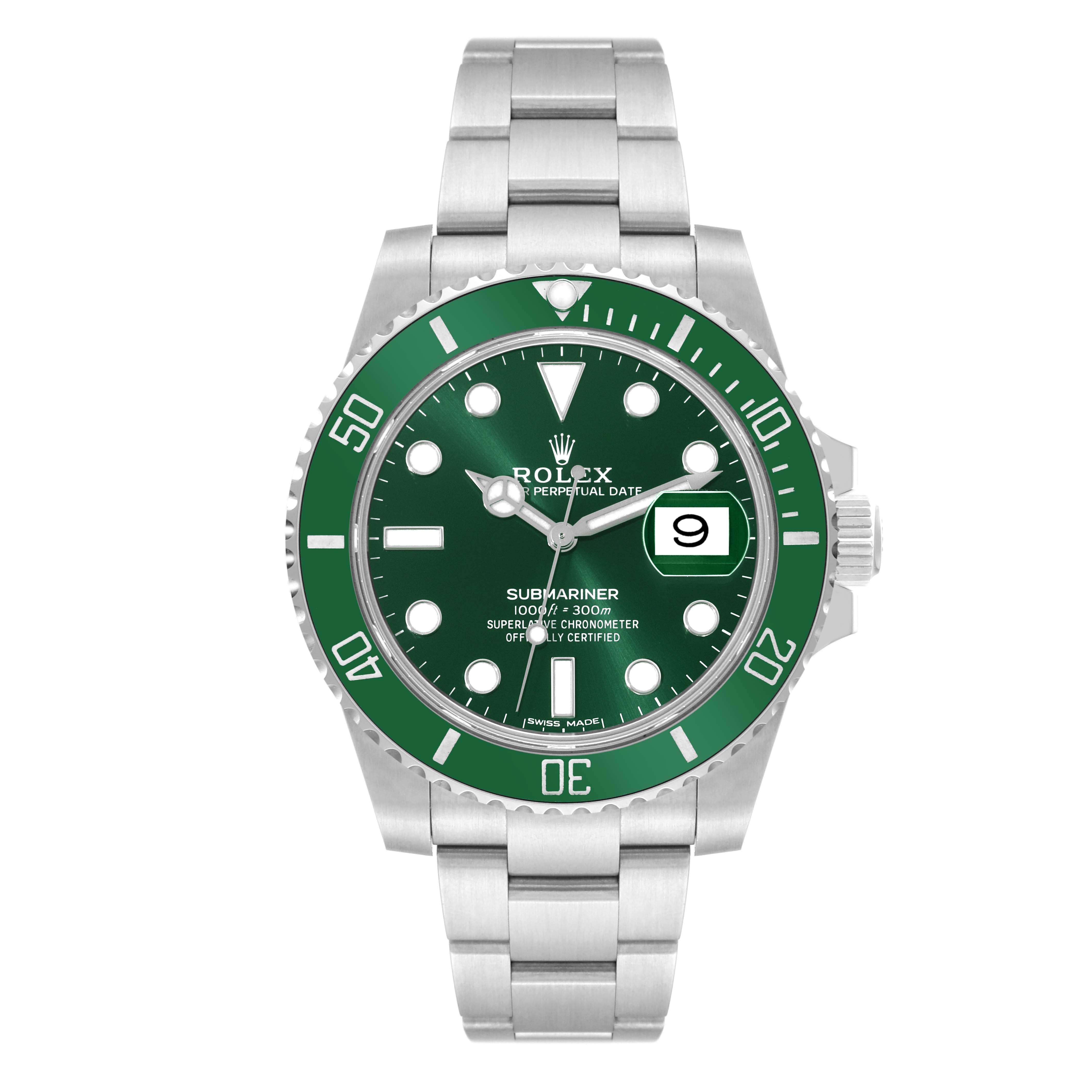 The image shows a front view of a Rolex Submariner 116610LV Men
s Stainless Steel Green Dial 116610LV Men
s Stainless Steel Green Dial watch with a green bezel and face, displaying the date.