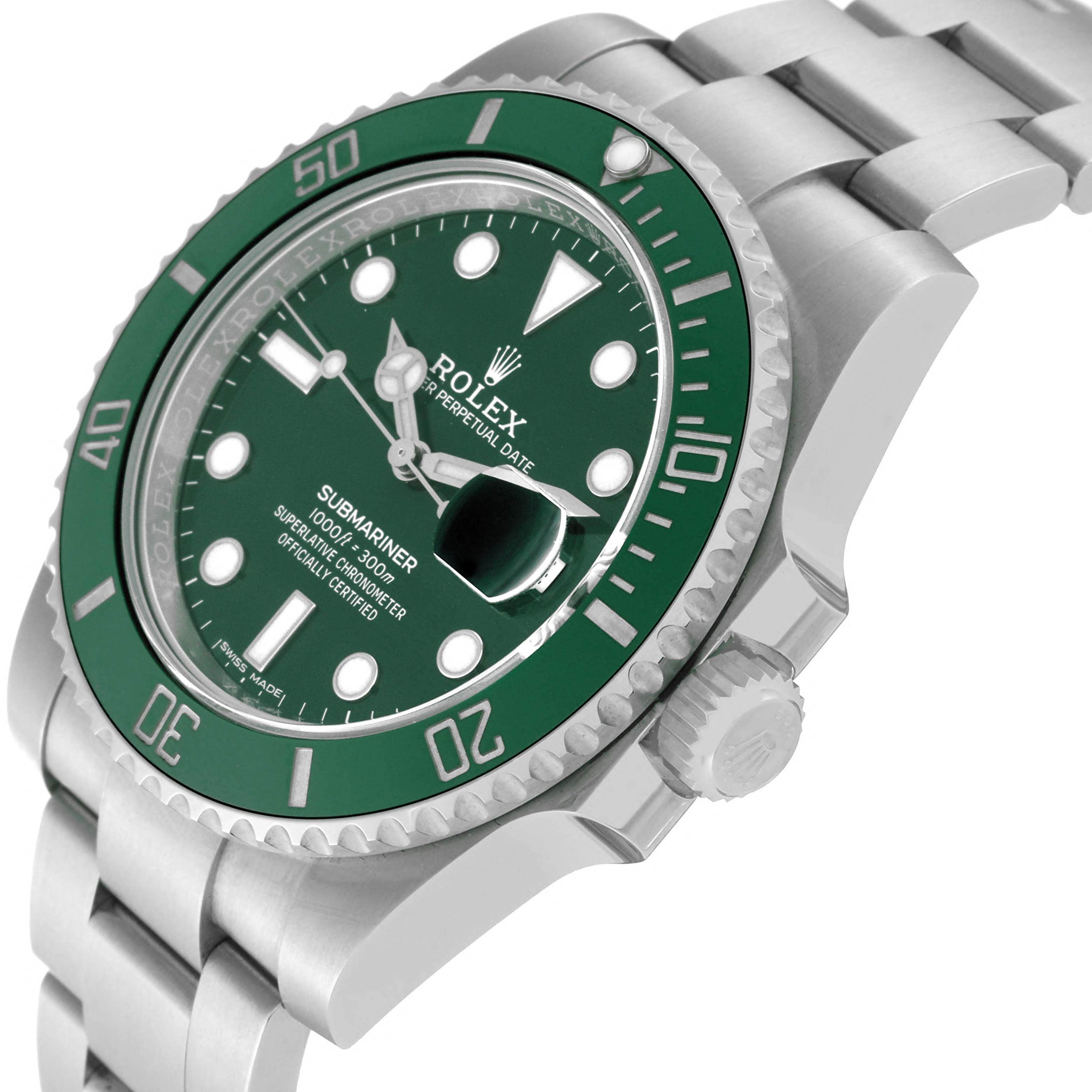This image shows the Rolex Submariner 116610LV Men
s Stainless Steel Green Dial 116610LV Men
s Stainless Steel Green Dial watch from a top-side angle highlighting its green bezel and face, bracelet, and crown.