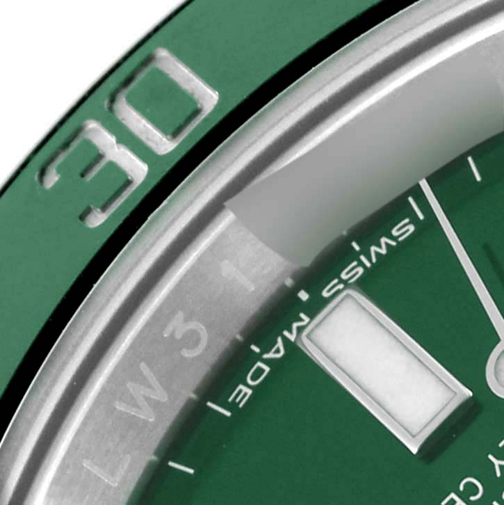 The image shows a close-up view of the dial and bezel of a Rolex Submariner 116610LV Men
s Stainless Steel Green Dial 116610LV Men
s Stainless Steel Green Dial watch, focusing on the "30" mark on the bezel and part of the dial.