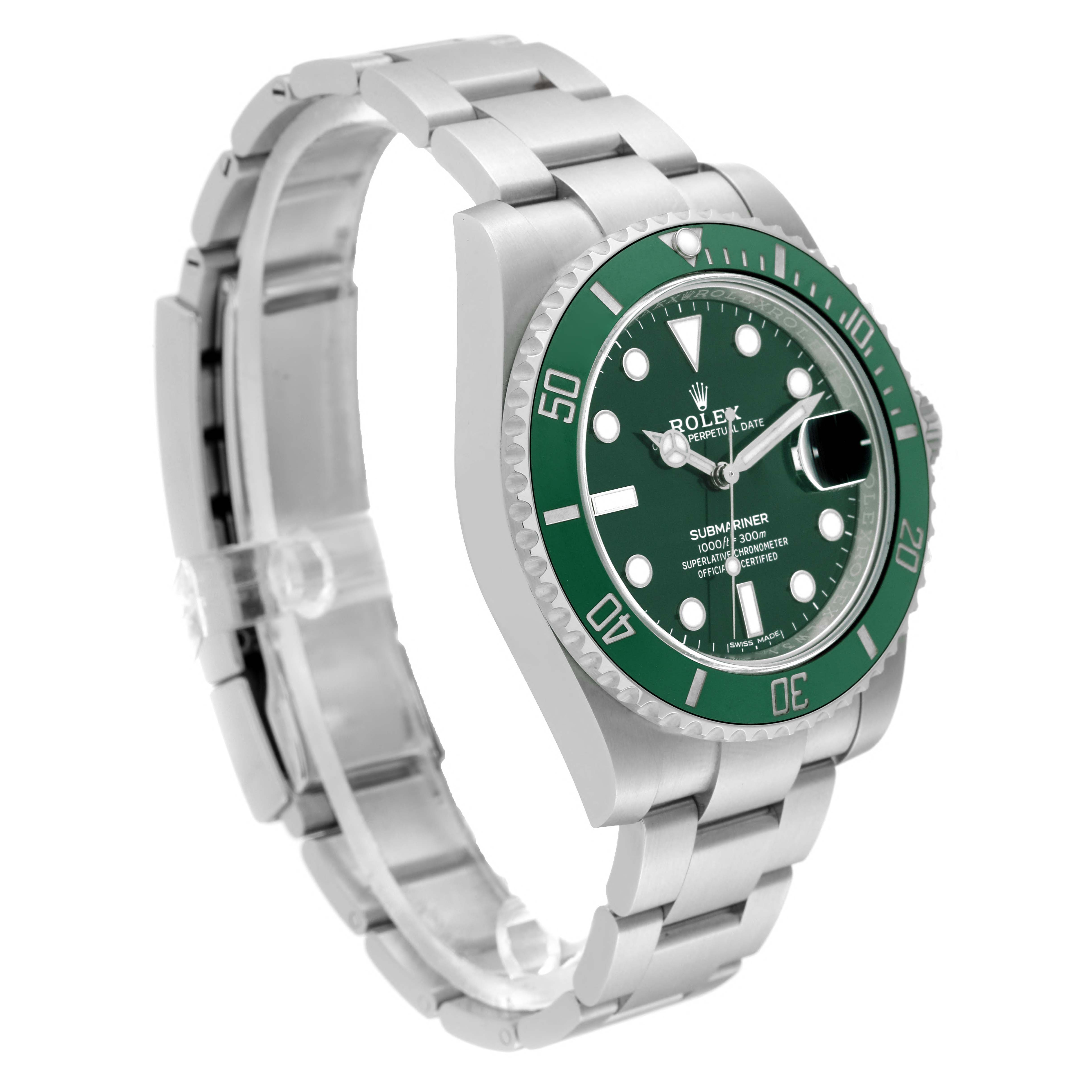 The image shows a Rolex Submariner 116610LV Men
s Stainless Steel Green Dial 116610LV Men
s Stainless Steel Green Dial watch at a slight angle, displaying its green bezel, dial, and stainless-steel bracelet.