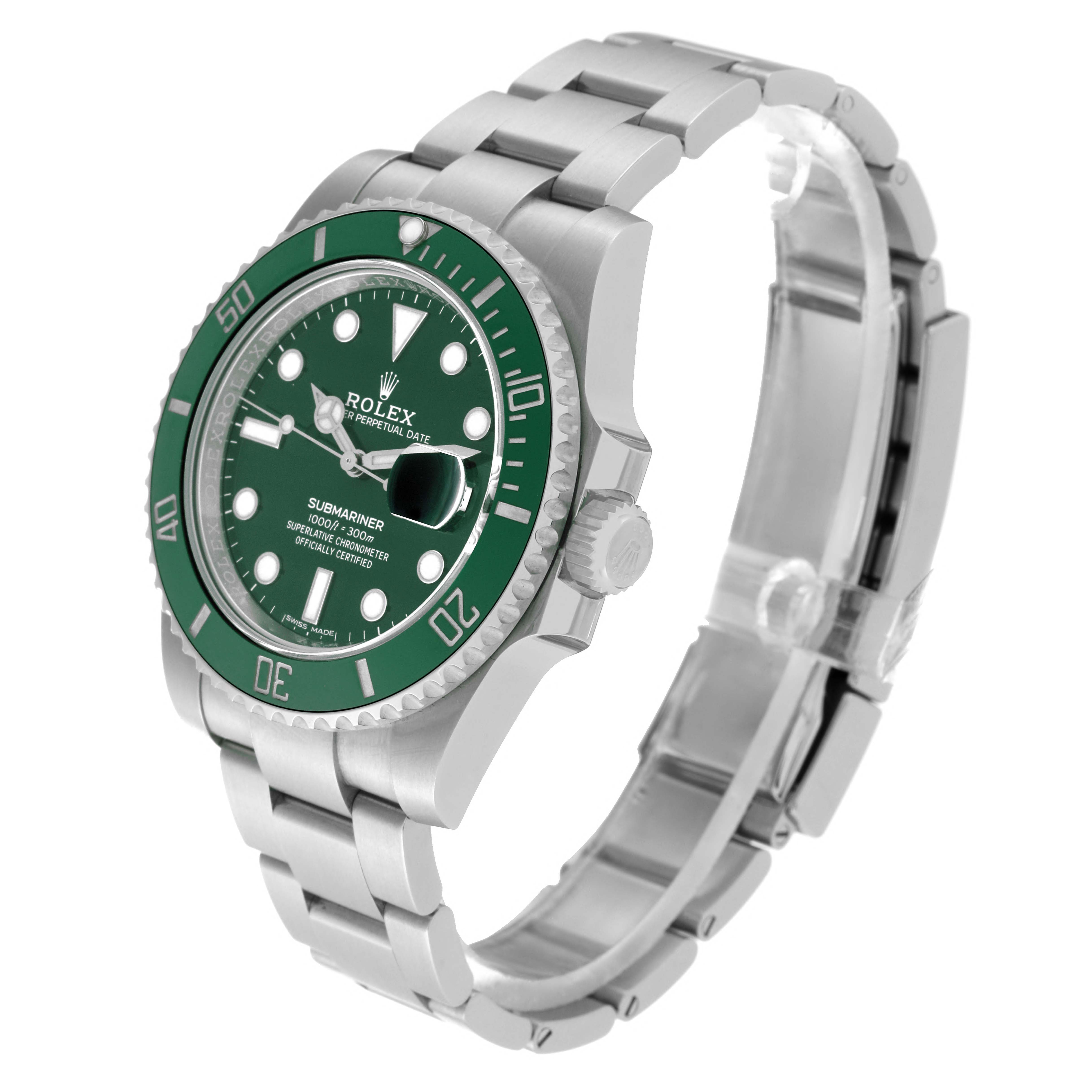 The image shows a Rolex Submariner 116610LV Men
s Stainless Steel Green Dial 116610LV Men
s Stainless Steel Green Dial watch angled to display its green bezel, dial, crown, and stainless steel bracelet.
