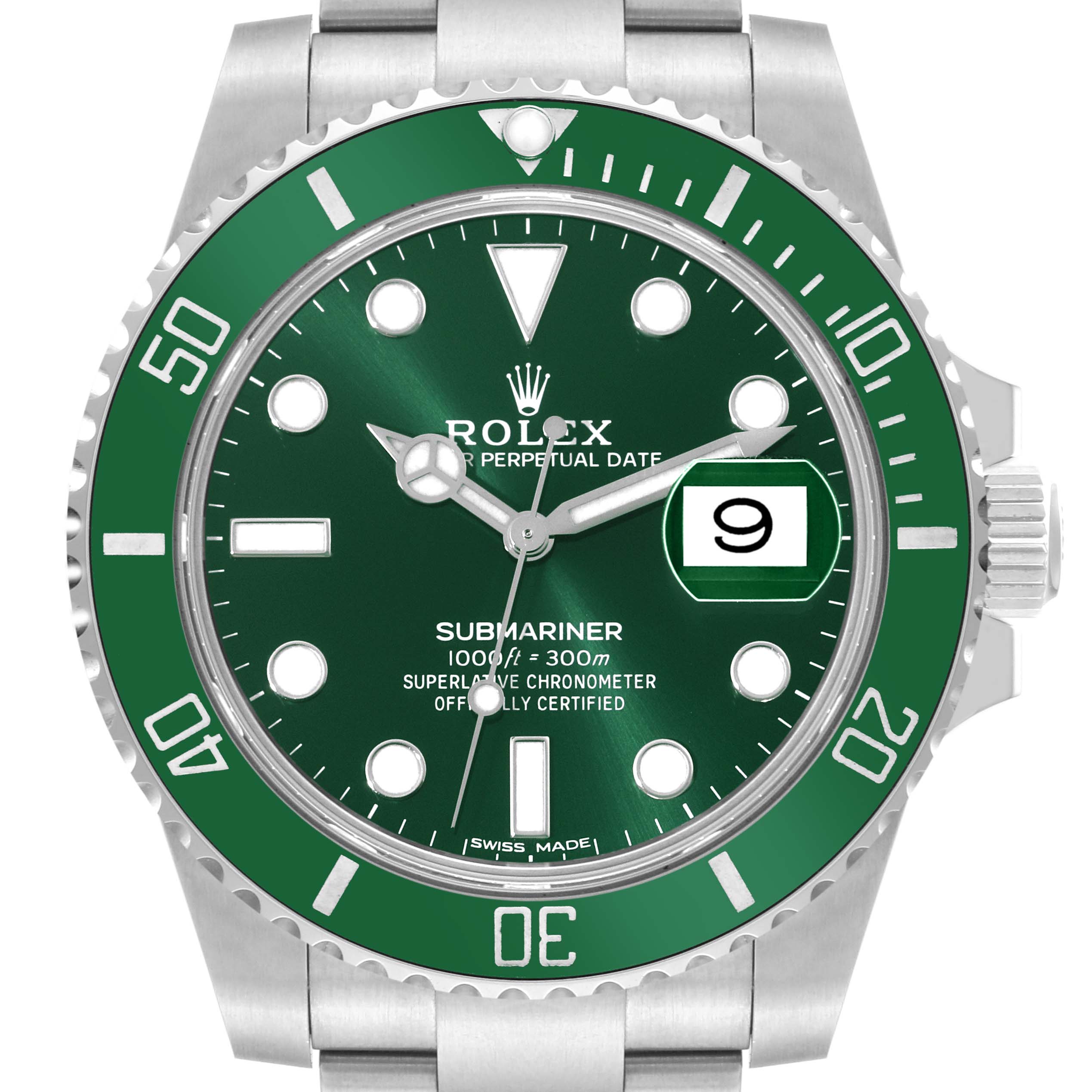 The image shows a frontal view of a Rolex Submariner 116610LV Men
s Stainless Steel Green Dial 116610LV Men
s Stainless Steel Green Dial watch with a green dial and bezel, displaying the time and date.