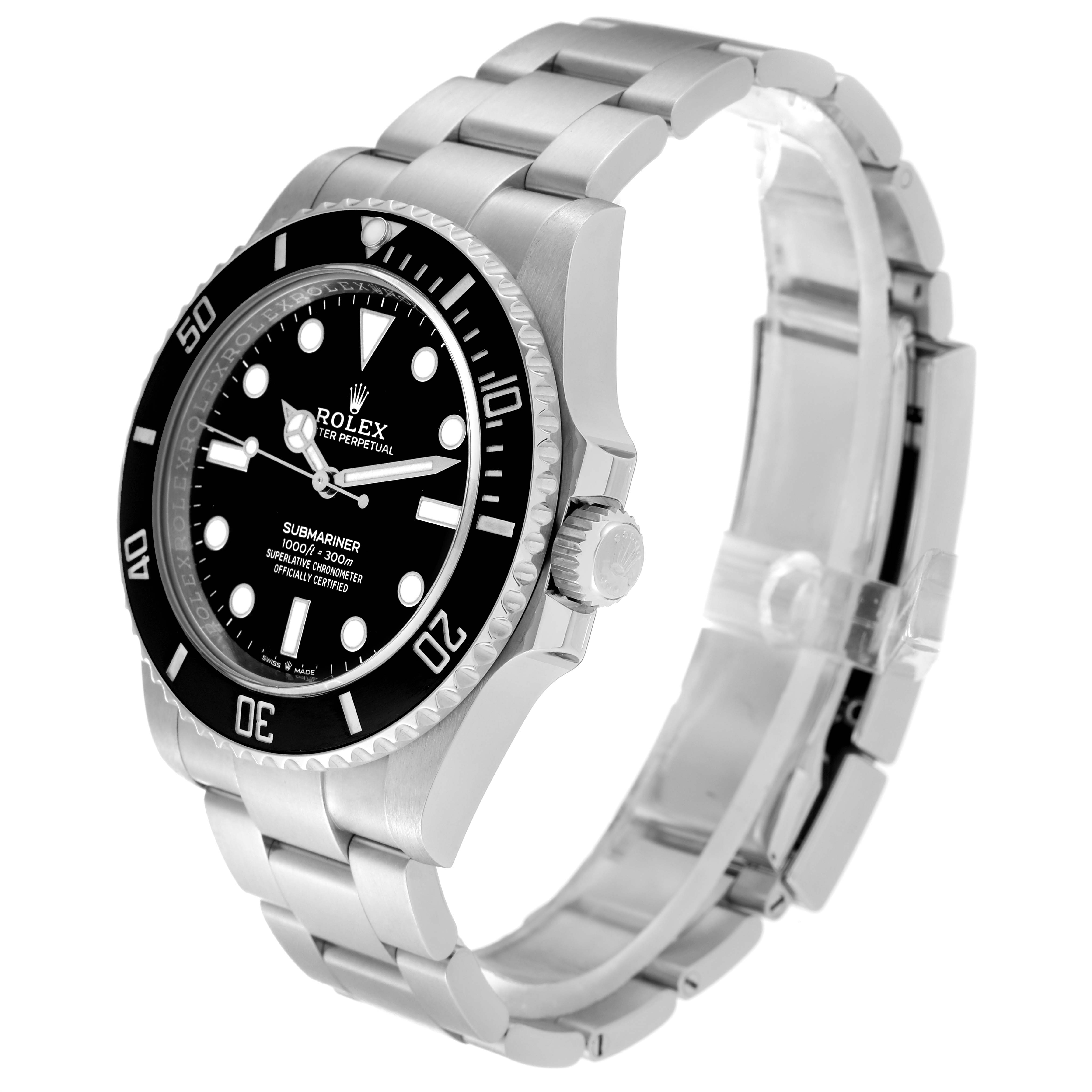 The image shows a side angle view of a Rolex Submariner 124060 Men's Stainless Steel Black Dial 124060 Men's Stainless Steel Black Dial, highlighting its bezel, dial, crown, and stainless steel bracelet.