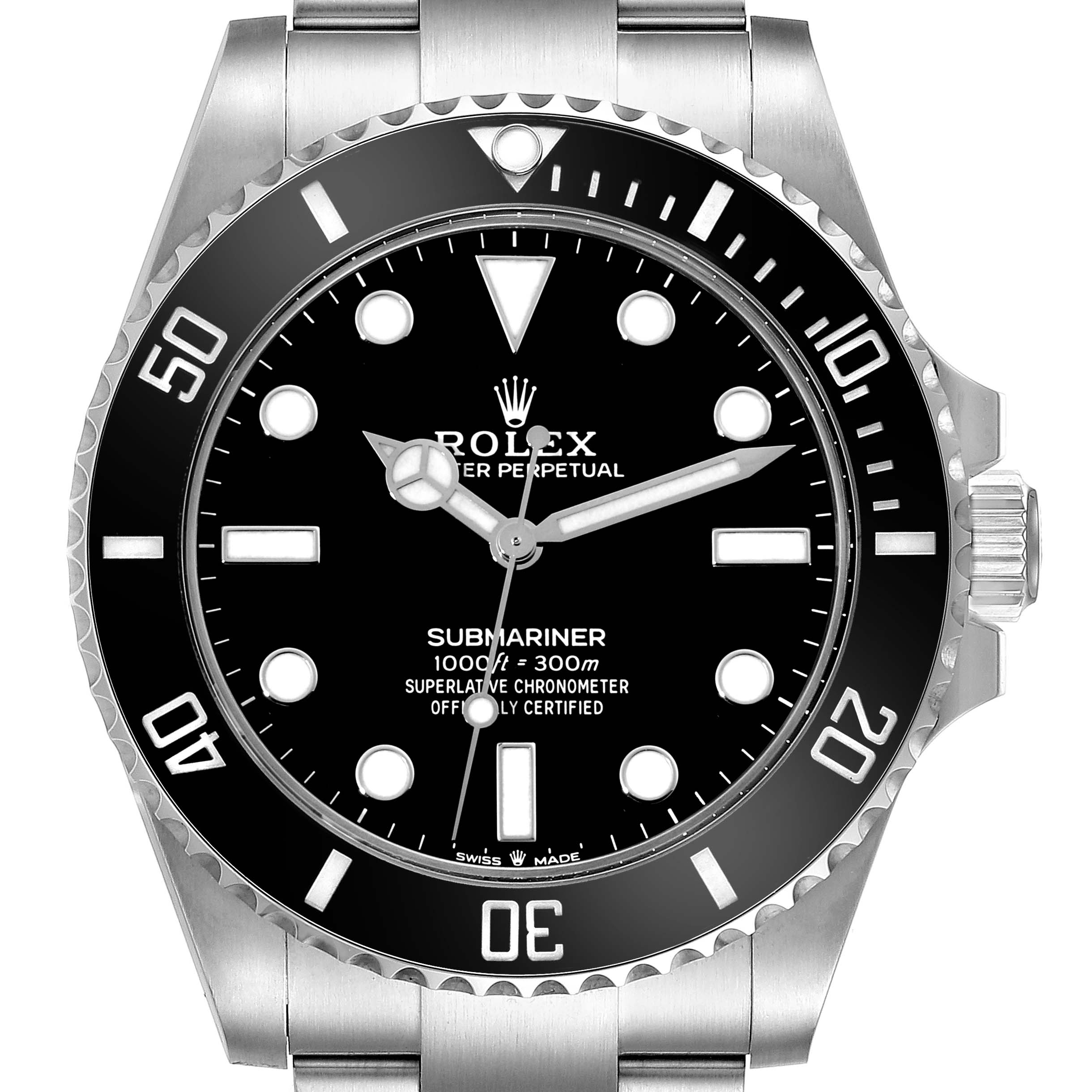 The image shows a front view of the Rolex Submariner 124060 Men's Stainless Steel Black Dial 124060 Men's Stainless Steel Black Dial, highlighting its dial, bezel, and part of the bracelet.