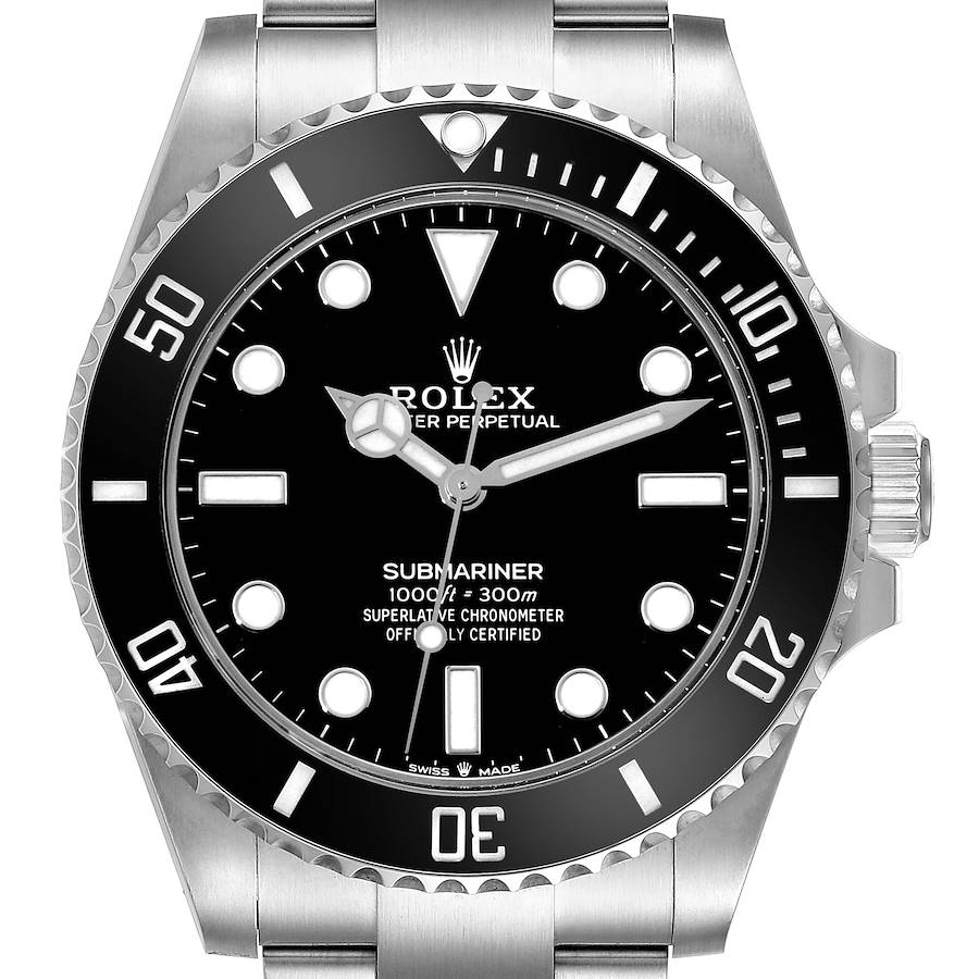 The image shows a front view of the Rolex Submariner, highlighting its dial, bezel, and part of the bracelet.