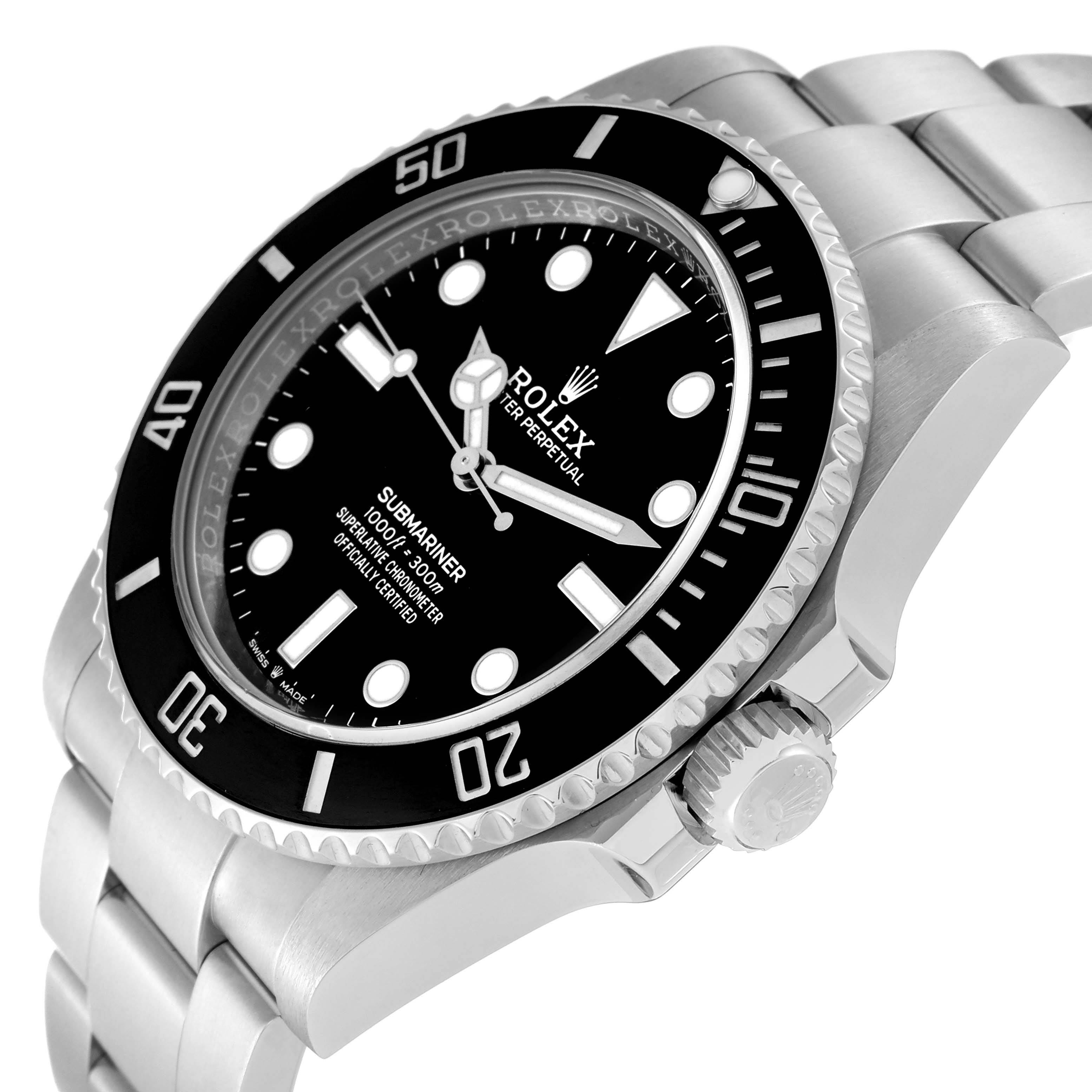 This image shows a side angle of the Rolex Submariner 124060 Men's Stainless Steel Black Dial 124060 Men's Stainless Steel Black Dial watch, highlighting the dial, bezel, and bracelet.