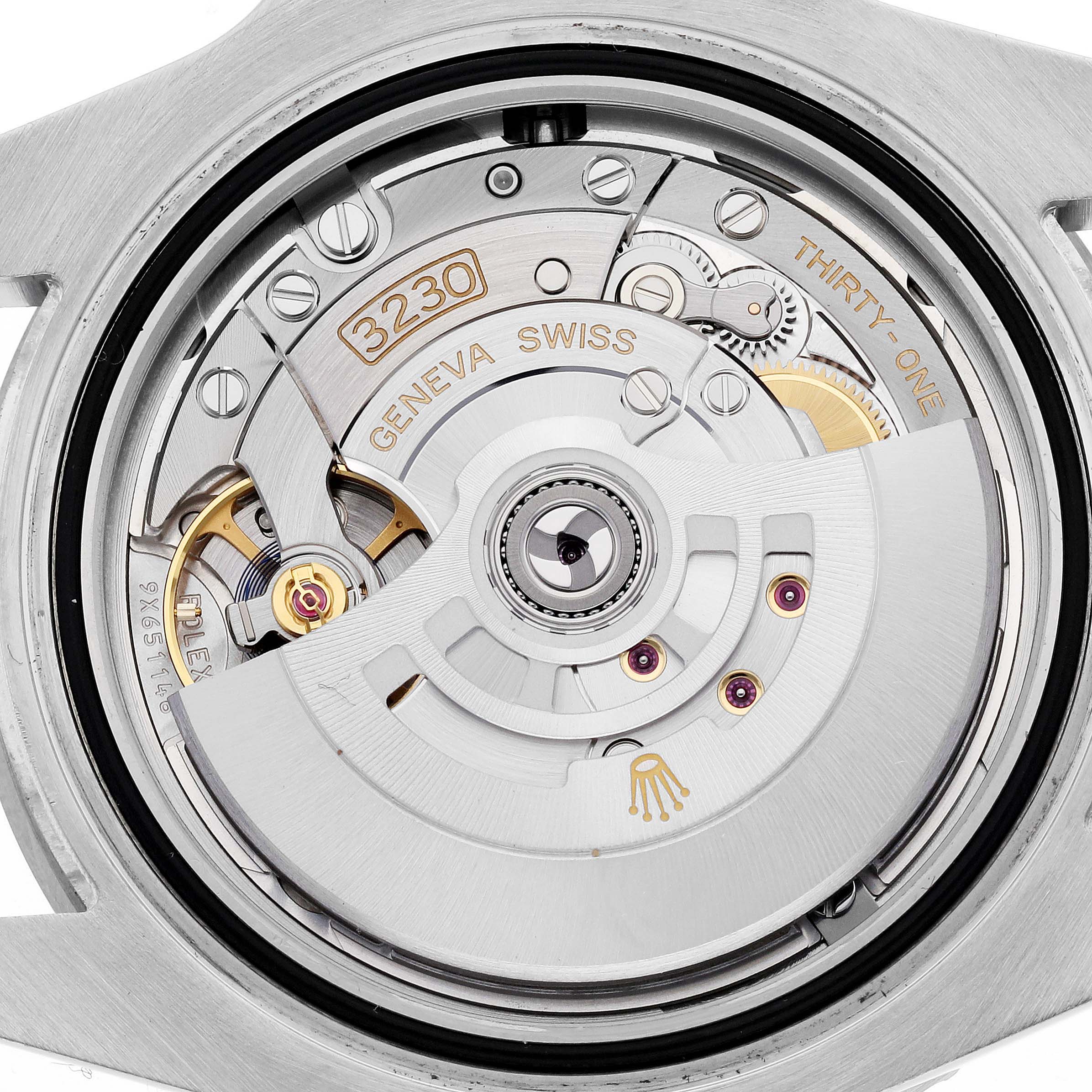 The image shows the caseback removed, revealing the movement of a Rolex Submariner 124060 Men's Stainless Steel Black Dial 124060 Men's Stainless Steel Black Dial watch, specifically the caliber 3230.