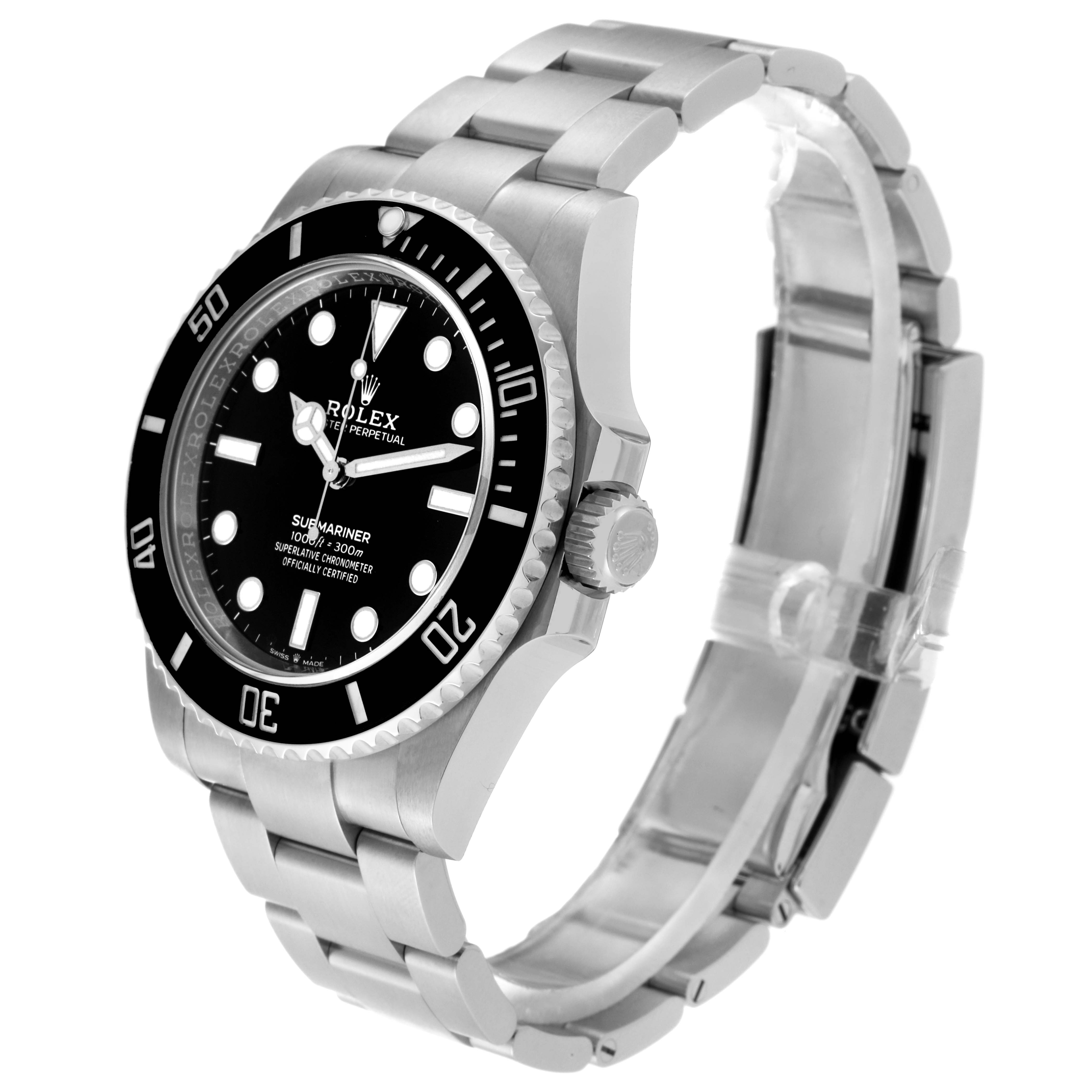 The image shows a side and front angle view of a Rolex Submariner 124060 Men's Stainless Steel Black Dial 124060 Men's Stainless Steel Black Dial watch, displaying its bracelet, bezel, crown, and dial.