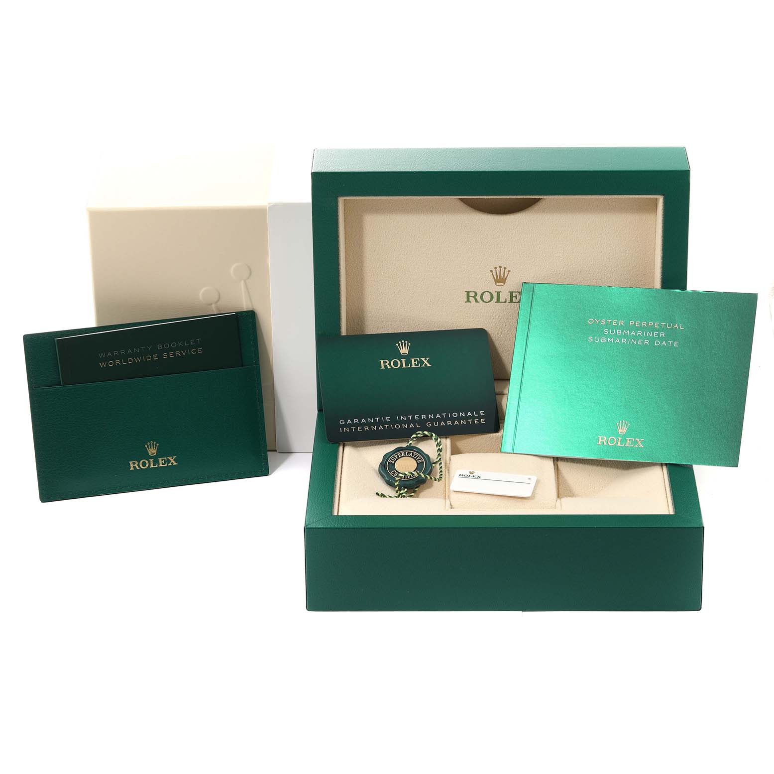 The image shows the Rolex Submariner 124060 Men's Stainless Steel Black Dial 124060 Men's Stainless Steel Black Dial packaging, international guarantee card, warranty booklet, and instruction manual.