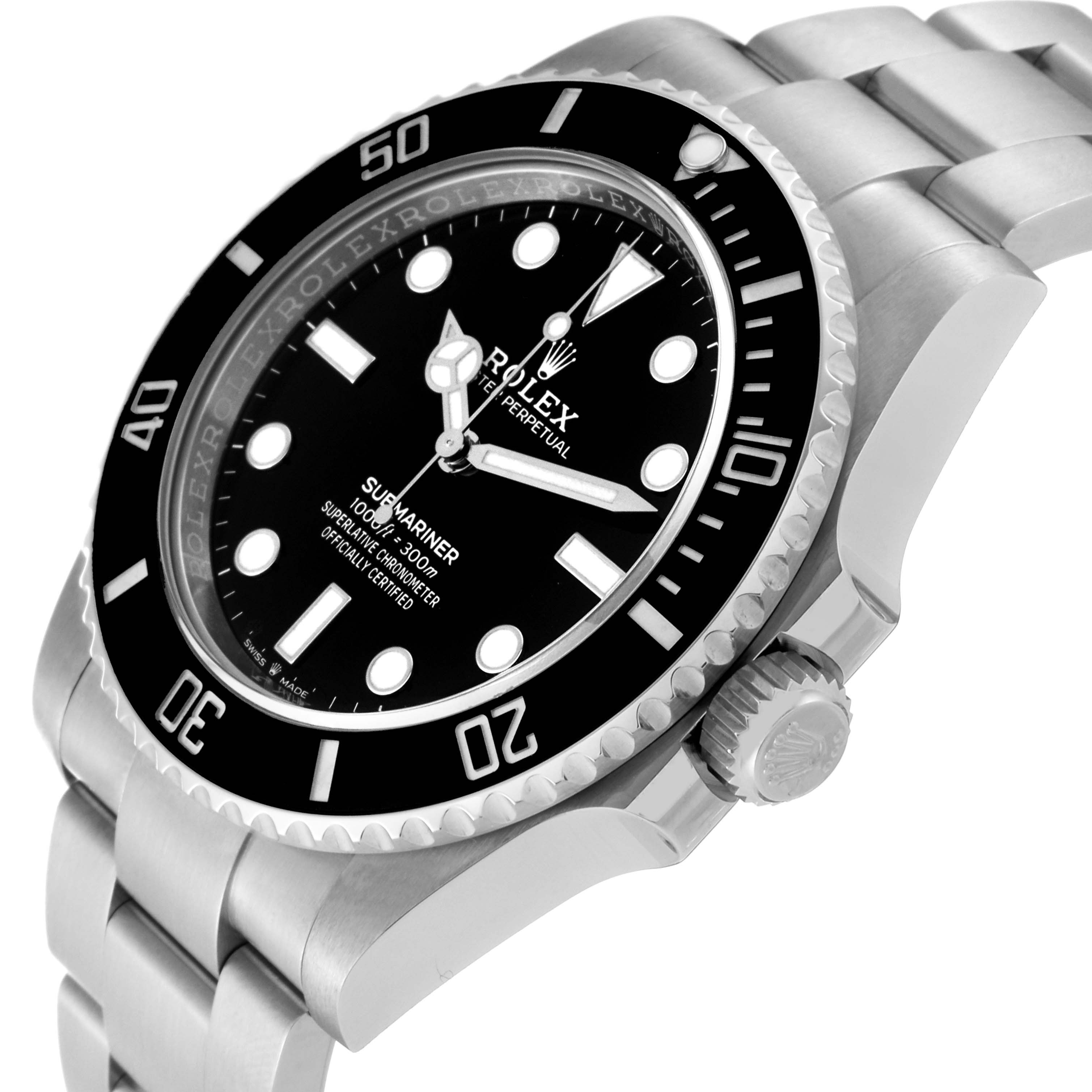 The image shows a Rolex Submariner 124060 Men's Stainless Steel Black Dial 124060 Men's Stainless Steel Black Dial watch at an angled side view with its bezel, dial, crown, and part of the bracelet visible.