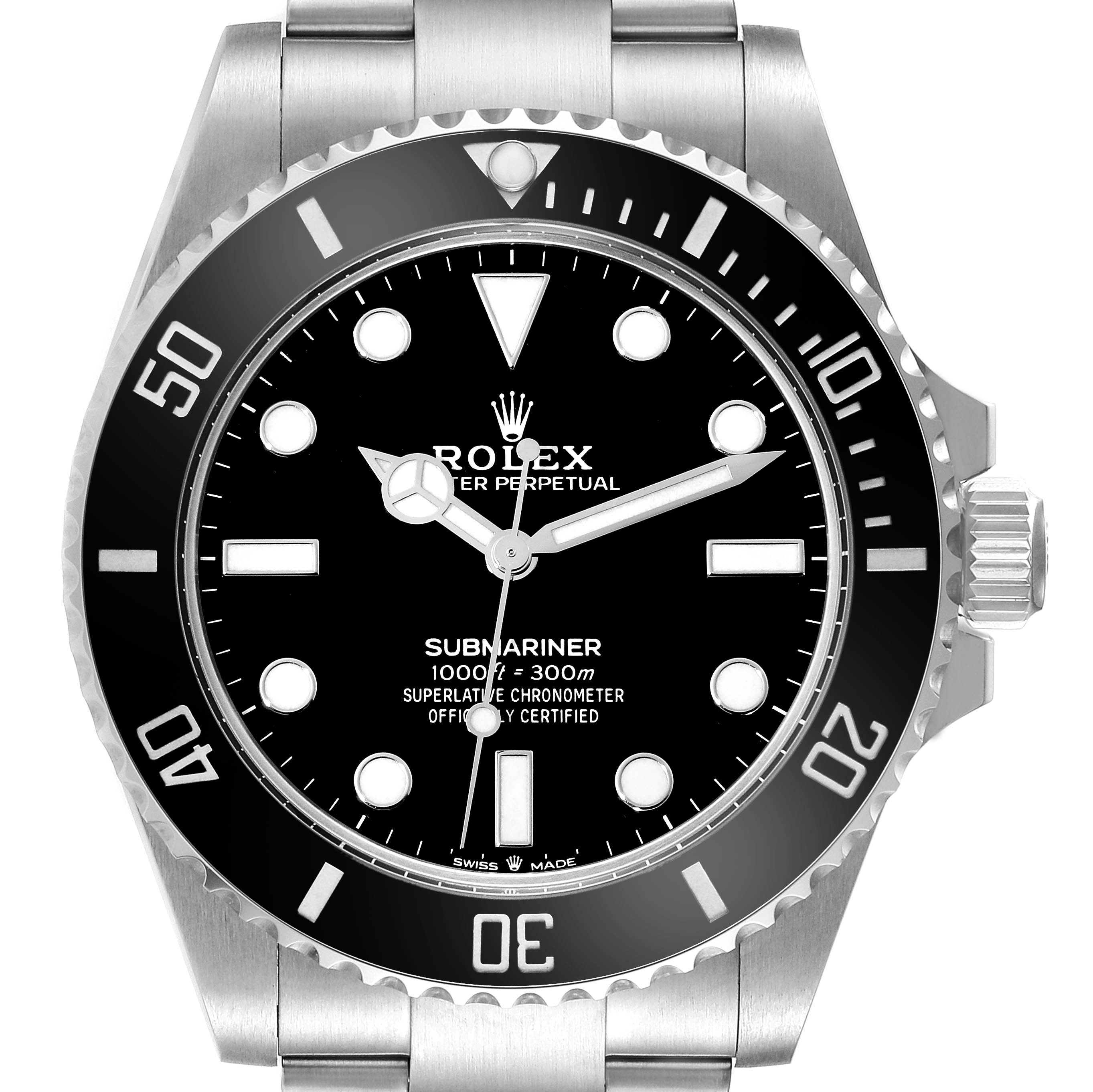 The image shows a frontal view of the Rolex Submariner 124060 Men's Stainless Steel Black Dial 124060 Men's Stainless Steel Black Dial watch, highlighting its black dial, bezel, and Oystersteel bracelet.