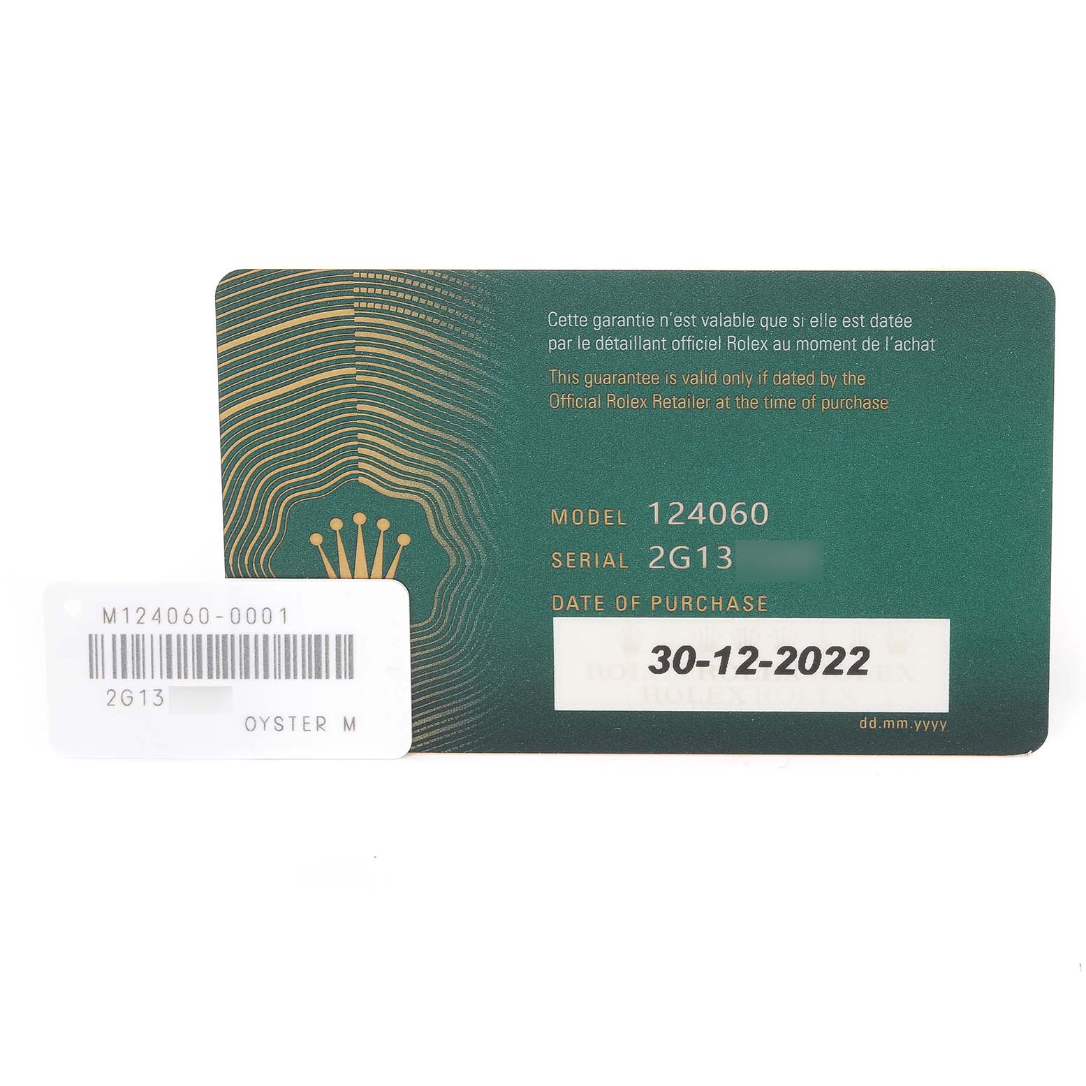 The image shows the warranty card and tag for the Rolex Submariner 124060 Men's Stainless Steel Black Dial 124060 Men's Stainless Steel Black Dial model 124060.
