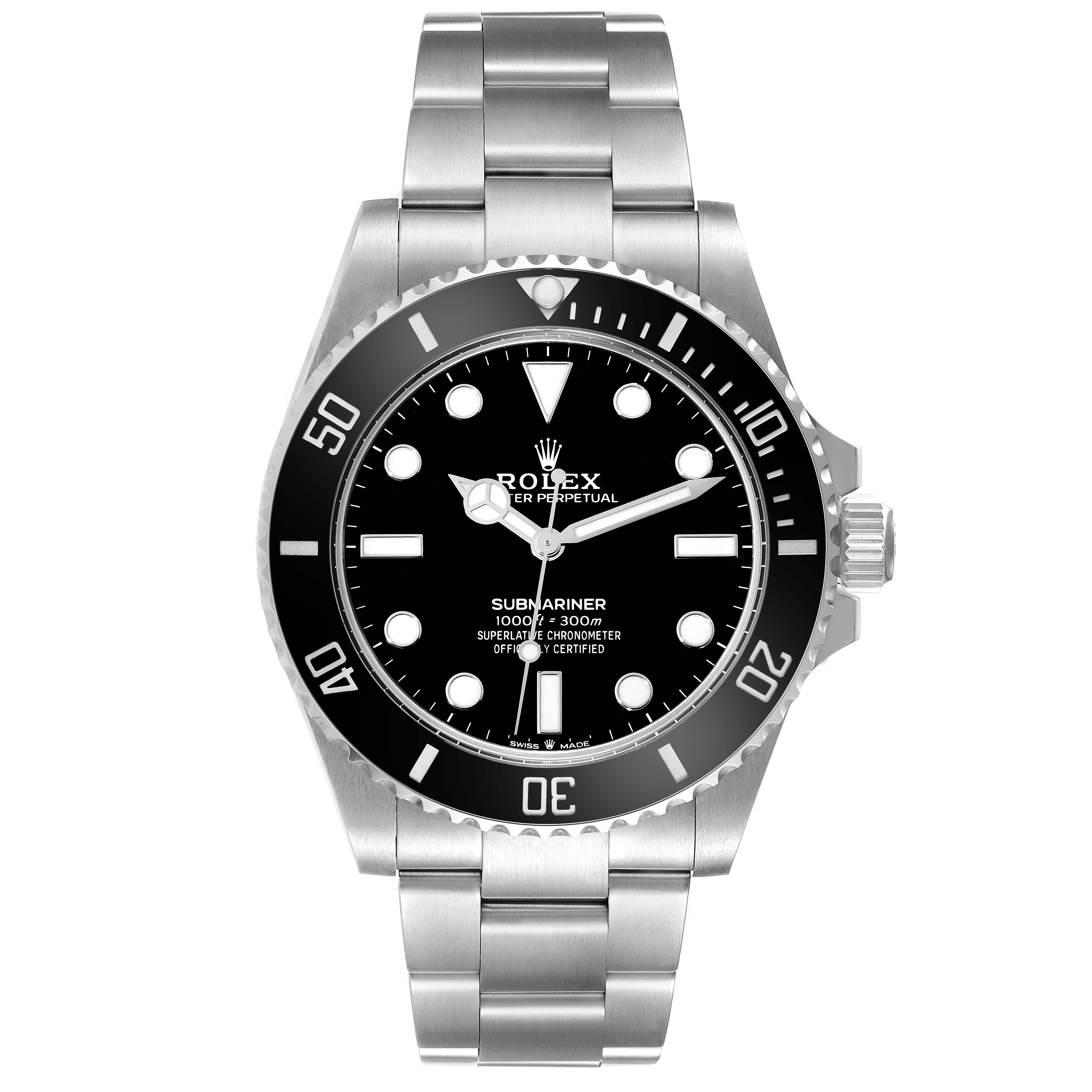 This image shows a front view of a Rolex Submariner 124060 Men's Stainless Steel Black Dial 124060 Men's Stainless Steel Black Dial watch, displaying its black dial, bezel, and stainless steel bracelet.
