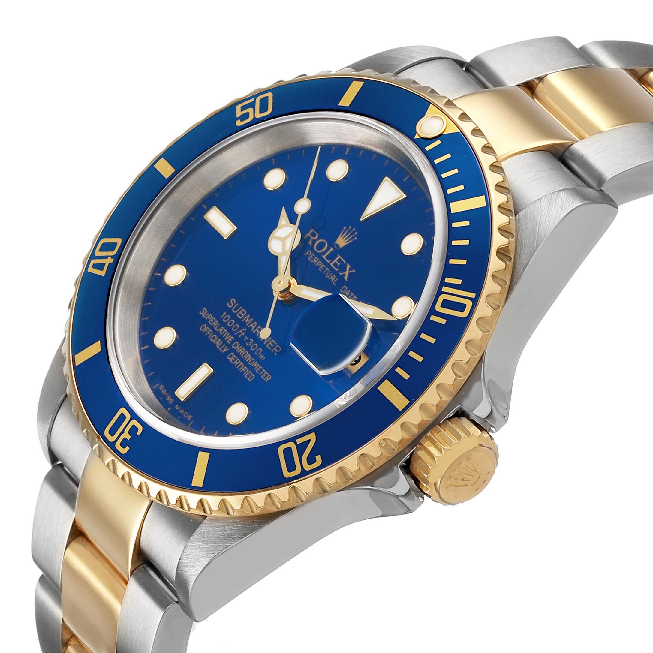 The Rolex Submariner 16613 T Men's Steel and Gold (two tone) Blue Dial is shown from a slight side angle, displaying the dial, blue bezel, crown, and two-tone bracelet.
