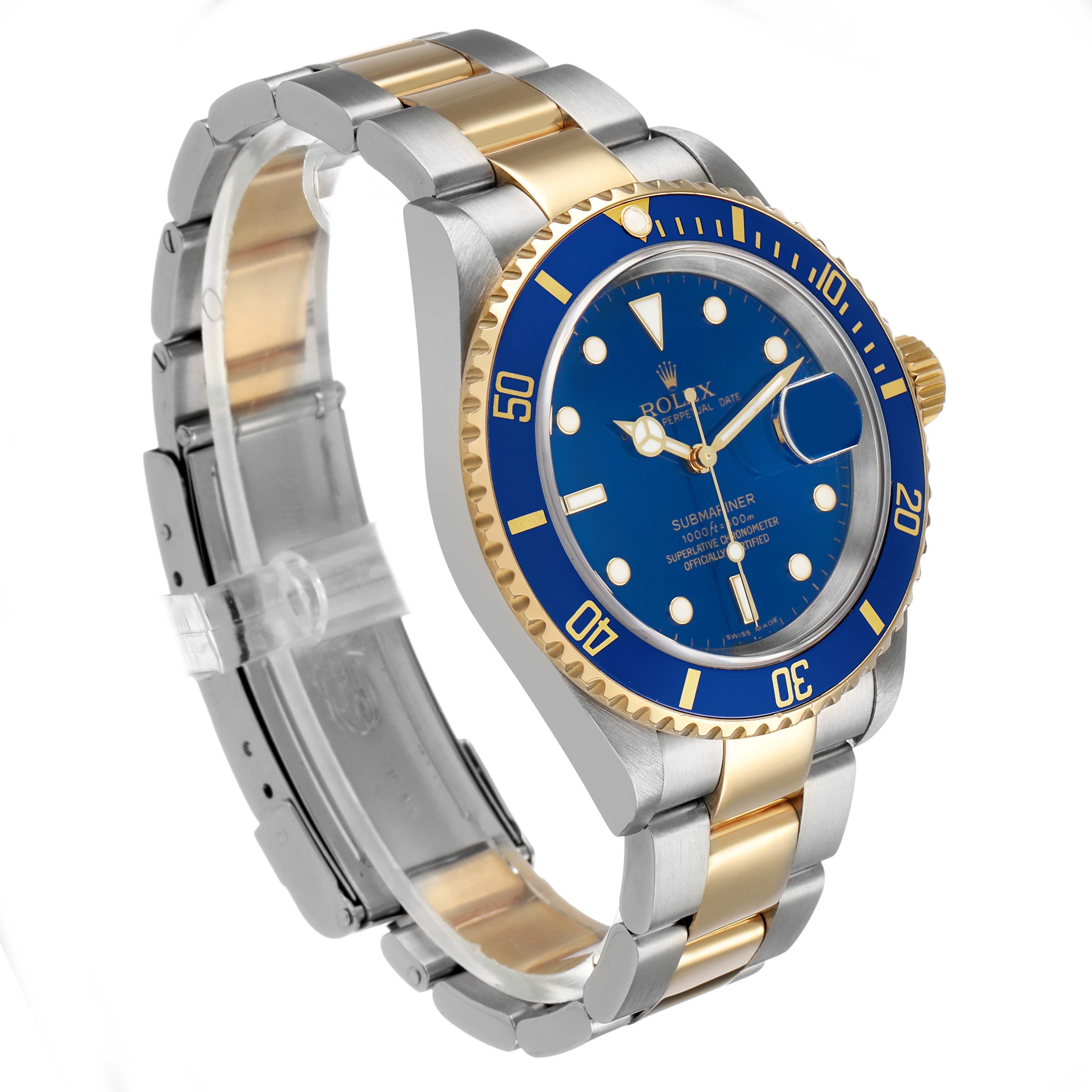 The Rolex Submariner 16613 T Men's Steel and Gold (two tone) Blue Dial watch is shown at a slight angle, displaying the blue dial, bezel, and two-tone bracelet.