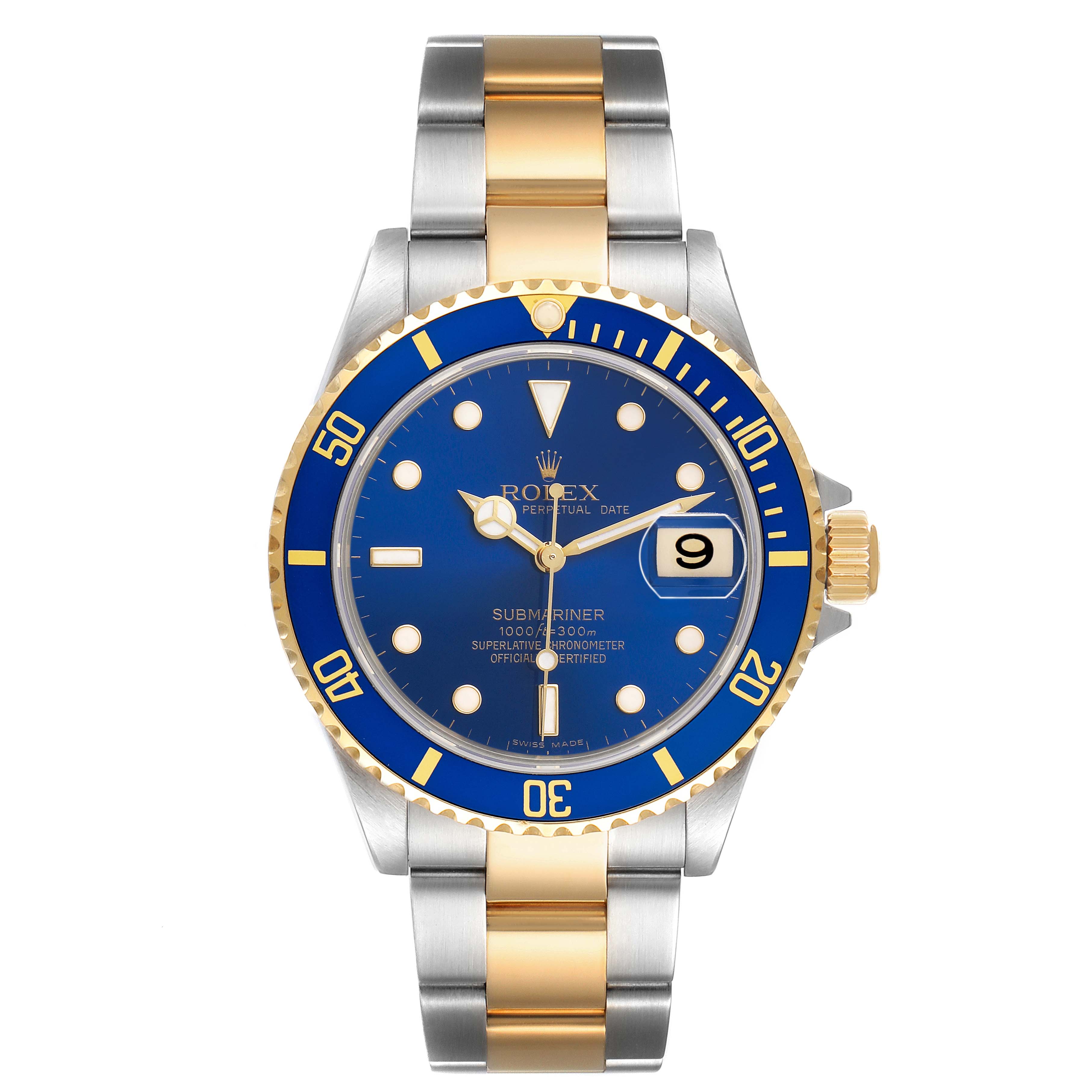 The Rolex Submariner 16613 T Men's Steel and Gold (two tone) Blue Dial watch is shown from a front angle, highlighting its blue dial, gold bezel, and two-tone bracelet.
