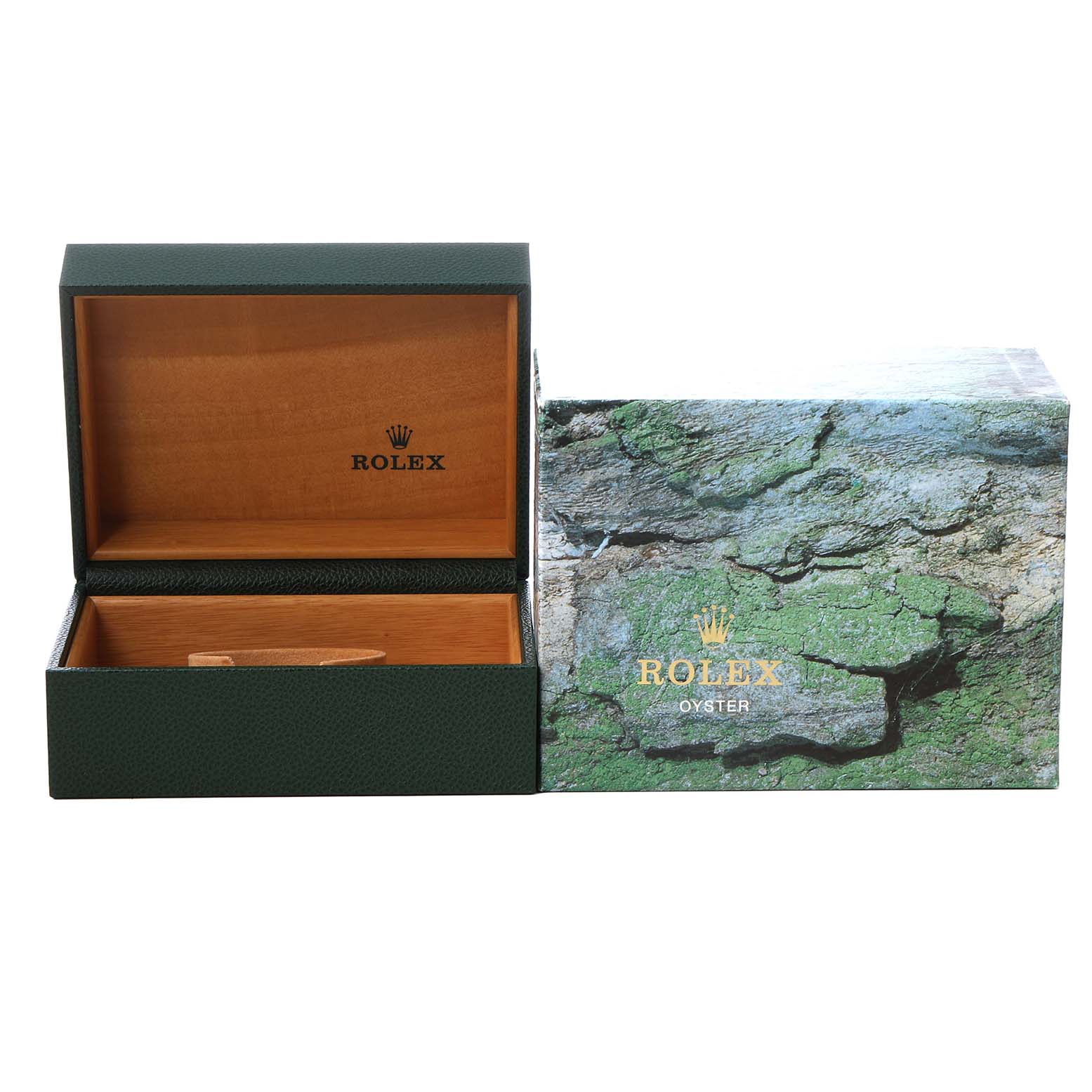 The image shows an open Rolex Submariner 16613 T Men's Steel and Gold (two tone) Blue Dial watch box and its decorative outer box with a nature-themed design.