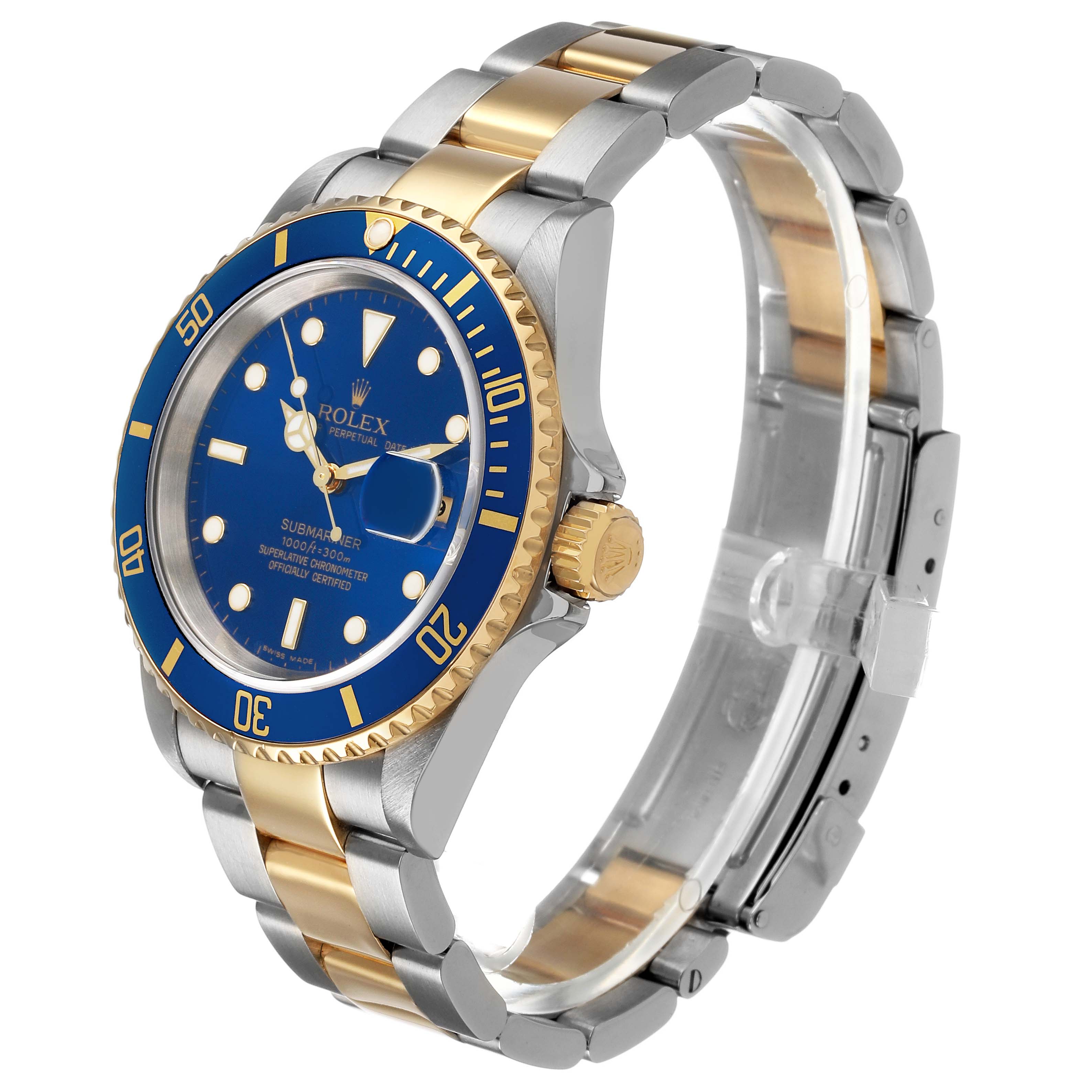 The Rolex Submariner 16613 T Men's Steel and Gold (two tone) Blue Dial is shown at a three-quarter angle highlighting its blue dial, bezel, two-tone bracelet, and crown details.