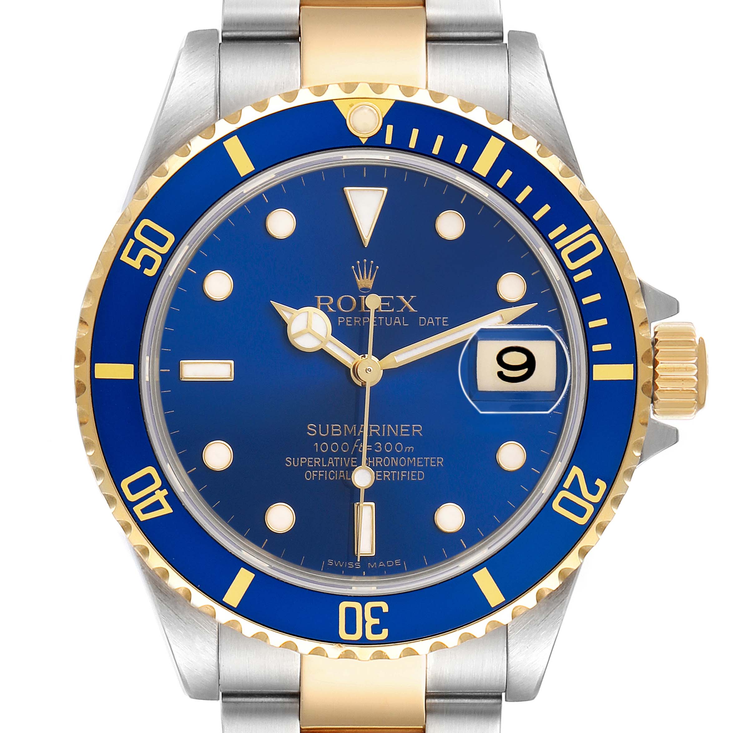 The Rolex Submariner 16613 T Men's Steel and Gold (two tone) Blue Dial watch is shown from the front, highlighting the bezel, dial, hands, date window, and part of the bracelet.