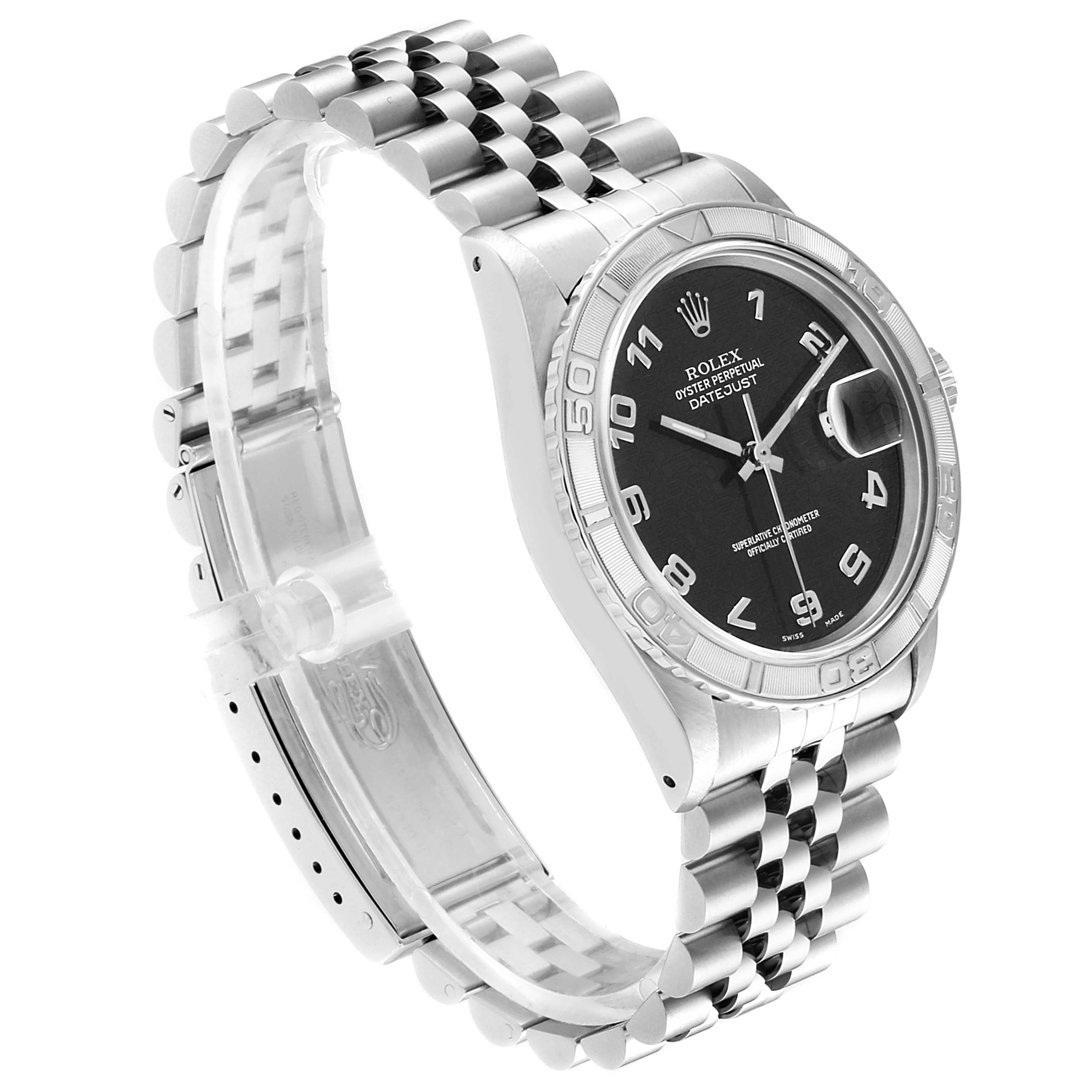 This image shows a side angle of a Rolex Datejust 17886 Men
s Stainless Steel Grey Dial 17886 Men
s Stainless Steel Grey Dial model watch, highlighting the face, bezel, and metal bracelet.
