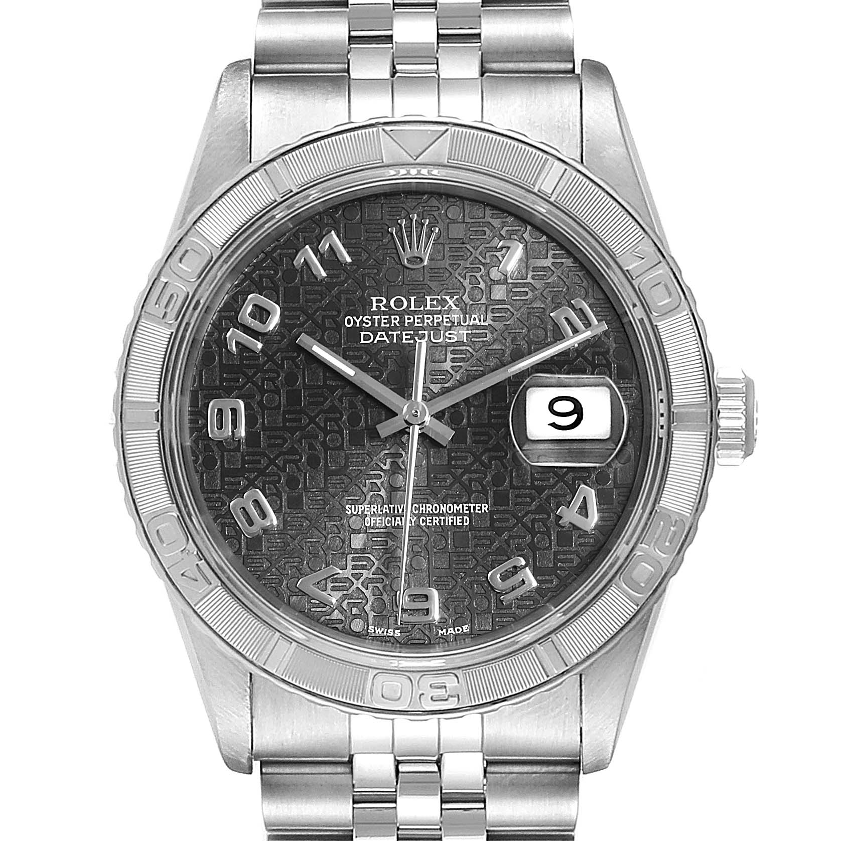 The image shows a Rolex Datejust 17886 Men
s Stainless Steel Grey Dial 17886 Men
s Stainless Steel Grey Dial watch from a frontal angle, displaying the dial, bezel, and part of the bracelet.