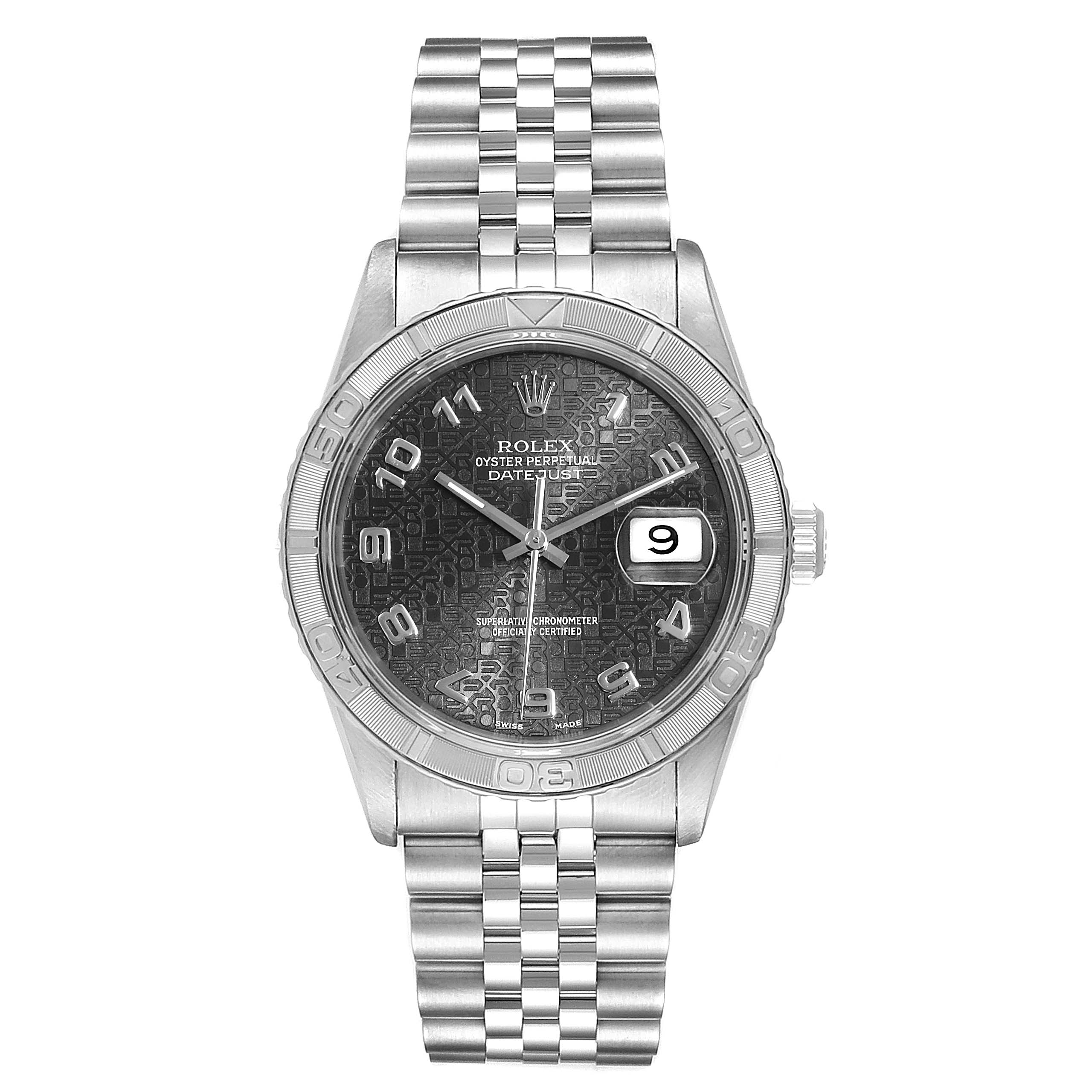 This image shows a Rolex Datejust 17886 Men
s Stainless Steel Grey Dial 17886 Men
s Stainless Steel Grey Dial watch from a front angle, highlighting its face, bezel, and bracelet.