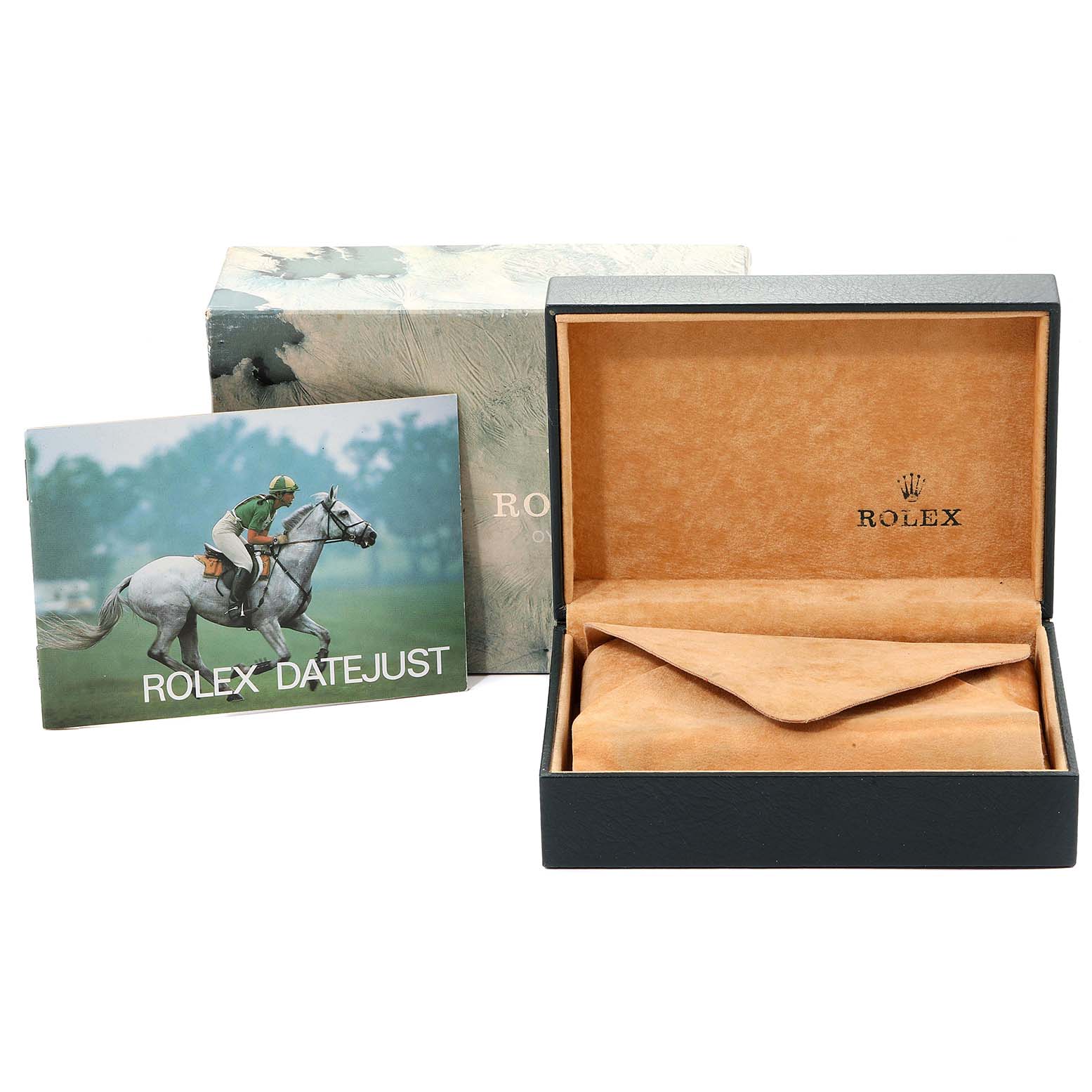 The image shows the box, cushion, and booklet for a Rolex Datejust 17886 Men
s Stainless Steel Grey Dial 17886 Men
s Stainless Steel Grey Dial watch from a front angle.