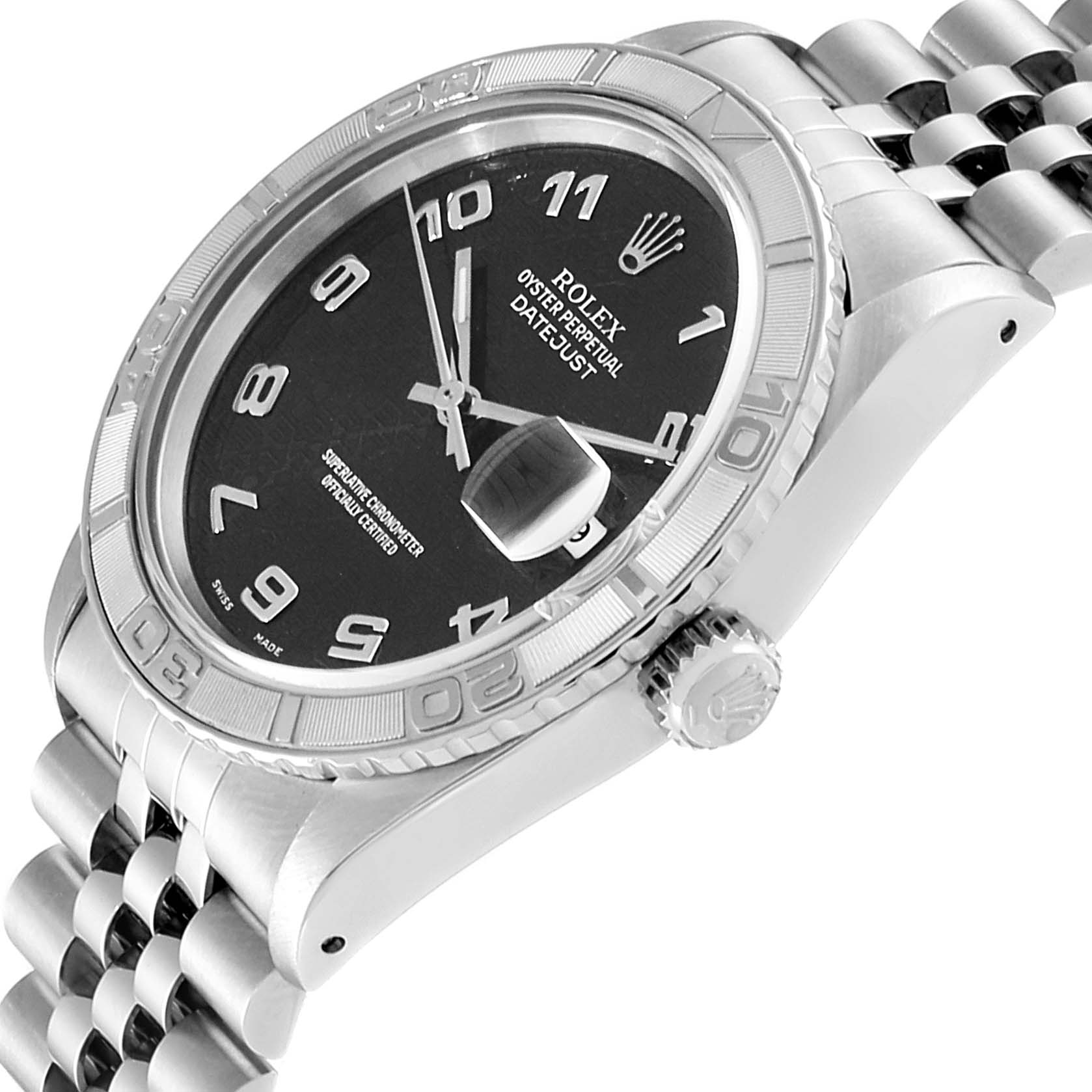 The image shows a close-up angled view of the Rolex Datejust 17886 Men
s Stainless Steel Grey Dial 17886 Men
s Stainless Steel Grey Dial watch dial, bezel, and part of the bracelet and crown.