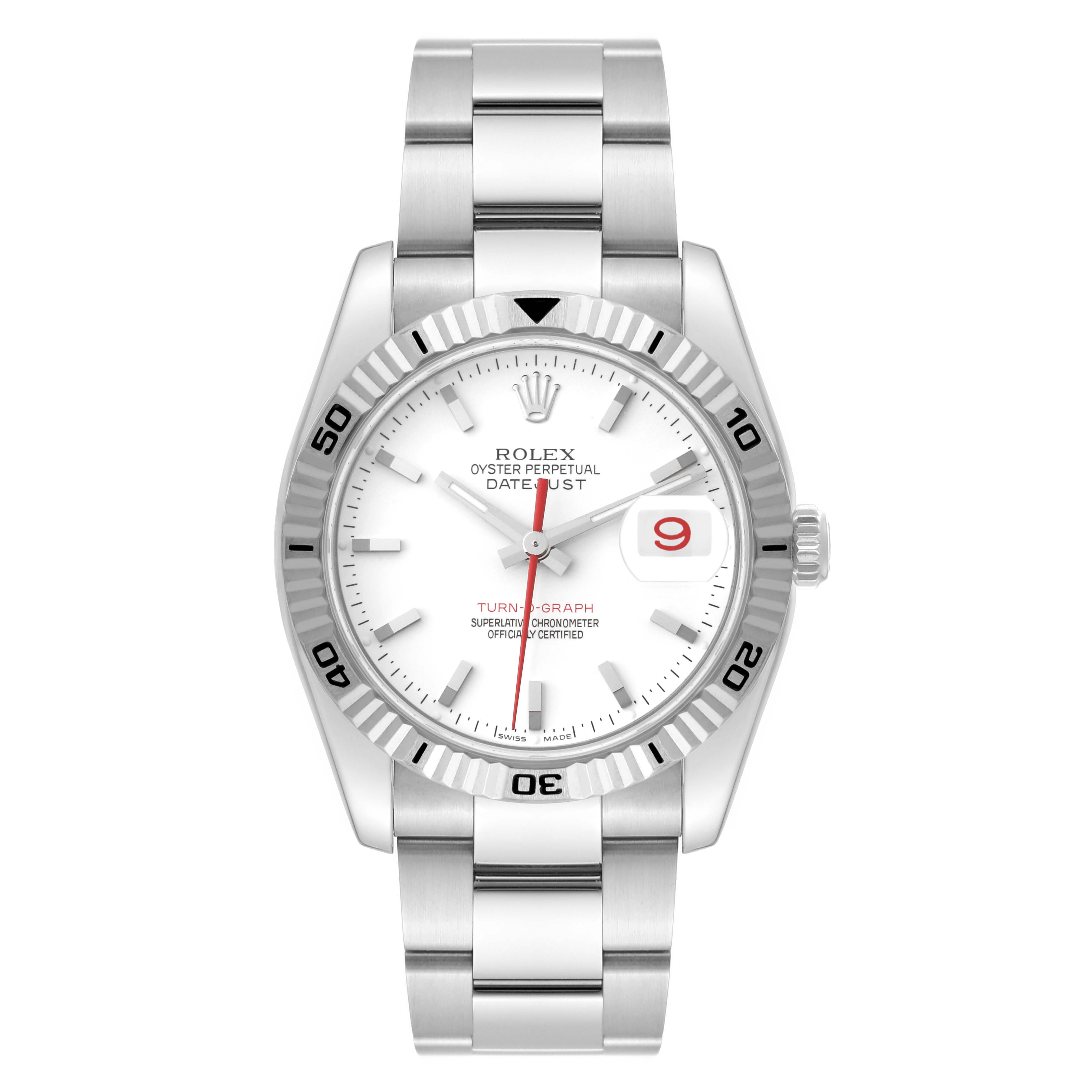 The image shows a front view of the Rolex Turn-o-Graph 116264 Men's Stainless Steel White Dial 116264 Men's Stainless Steel White Dial watch, highlighting its dial, bezel, and bracelet.