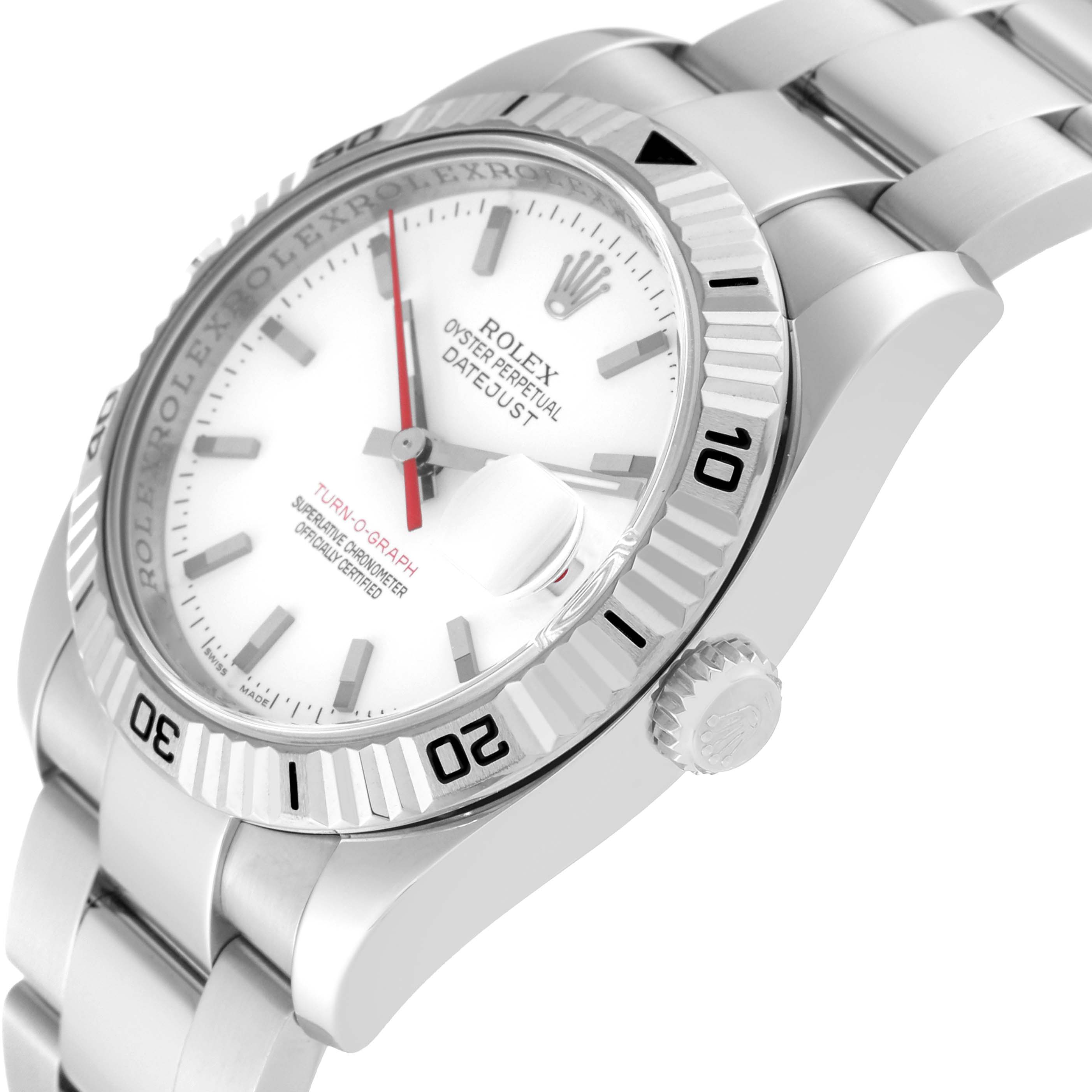 The Rolex Turn-o-Graph 116264 Men's Stainless Steel White Dial 116264 Men's Stainless Steel White Dial watch is shown at a slight angle, highlighting the bezel, dial, crown, and bracelet.