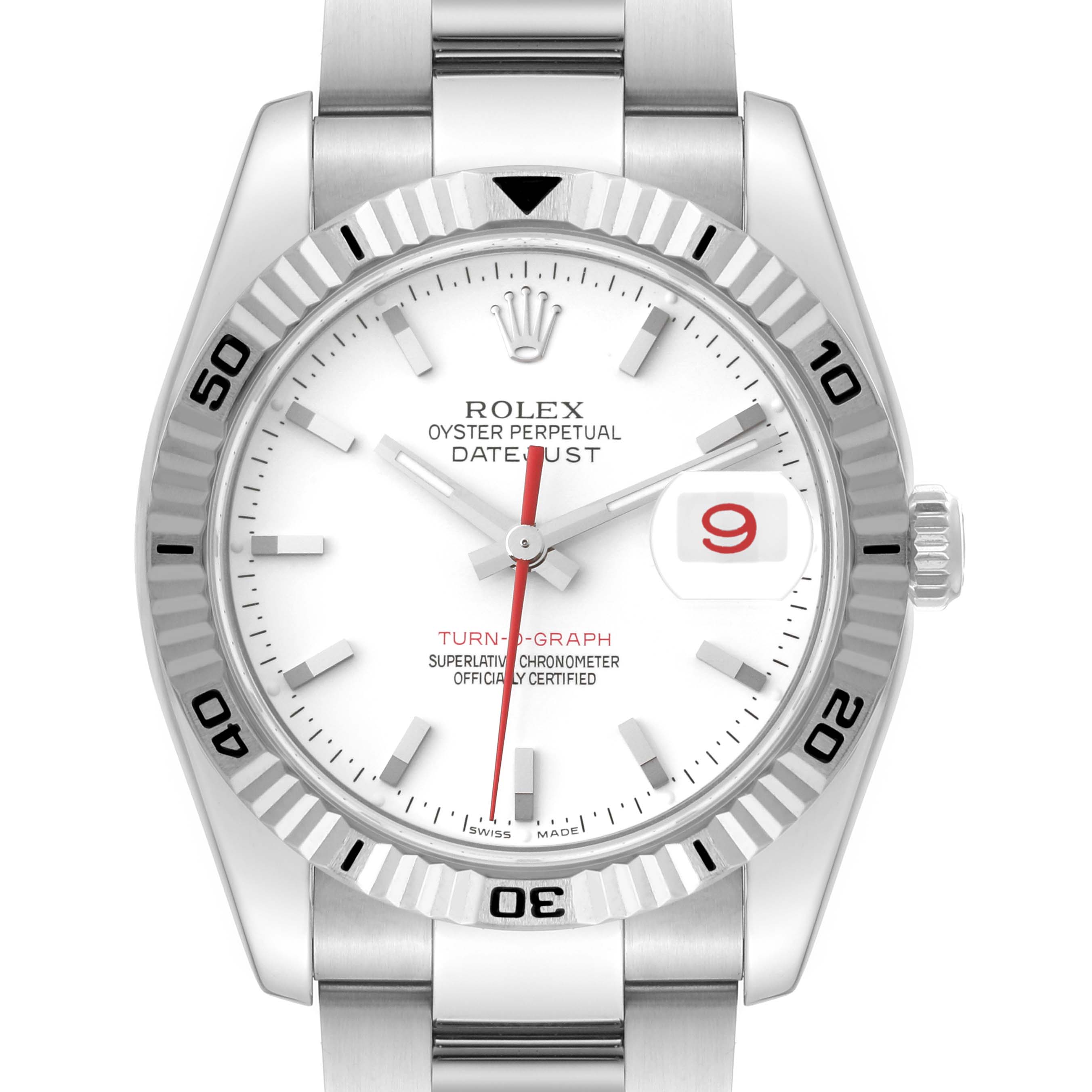 This image shows a frontal view of the Rolex Turn-o-Graph 116264 Men's Stainless Steel White Dial 116264 Men's Stainless Steel White Dial watch, displaying the dial, bezel, and part of the bracelet.