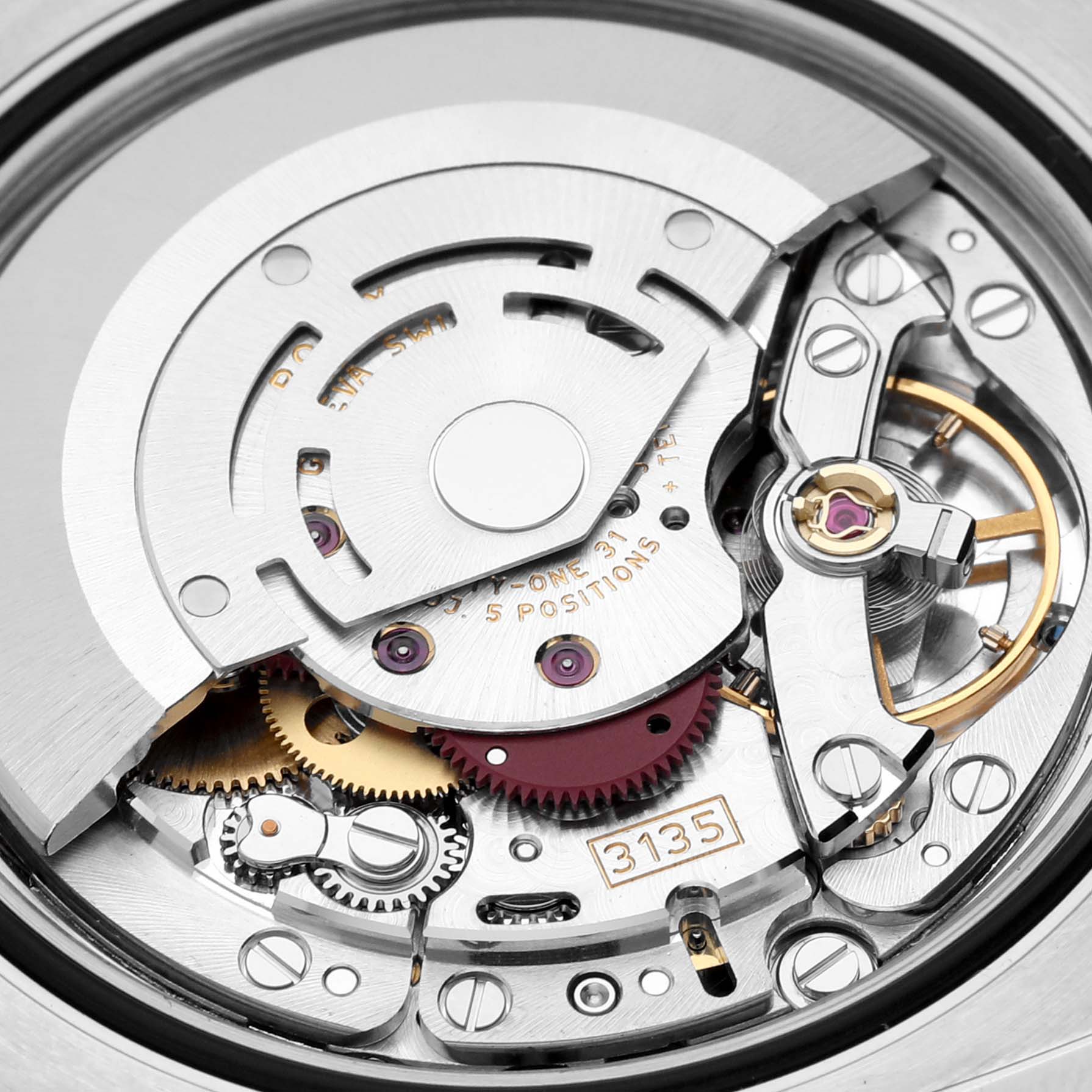 This image shows a close-up view of the internal mechanism of a Rolex Turn-o-Graph 116264 Men's Stainless Steel White Dial 116264 Men's Stainless Steel White Dial watch, specifically highlighting the movement components.