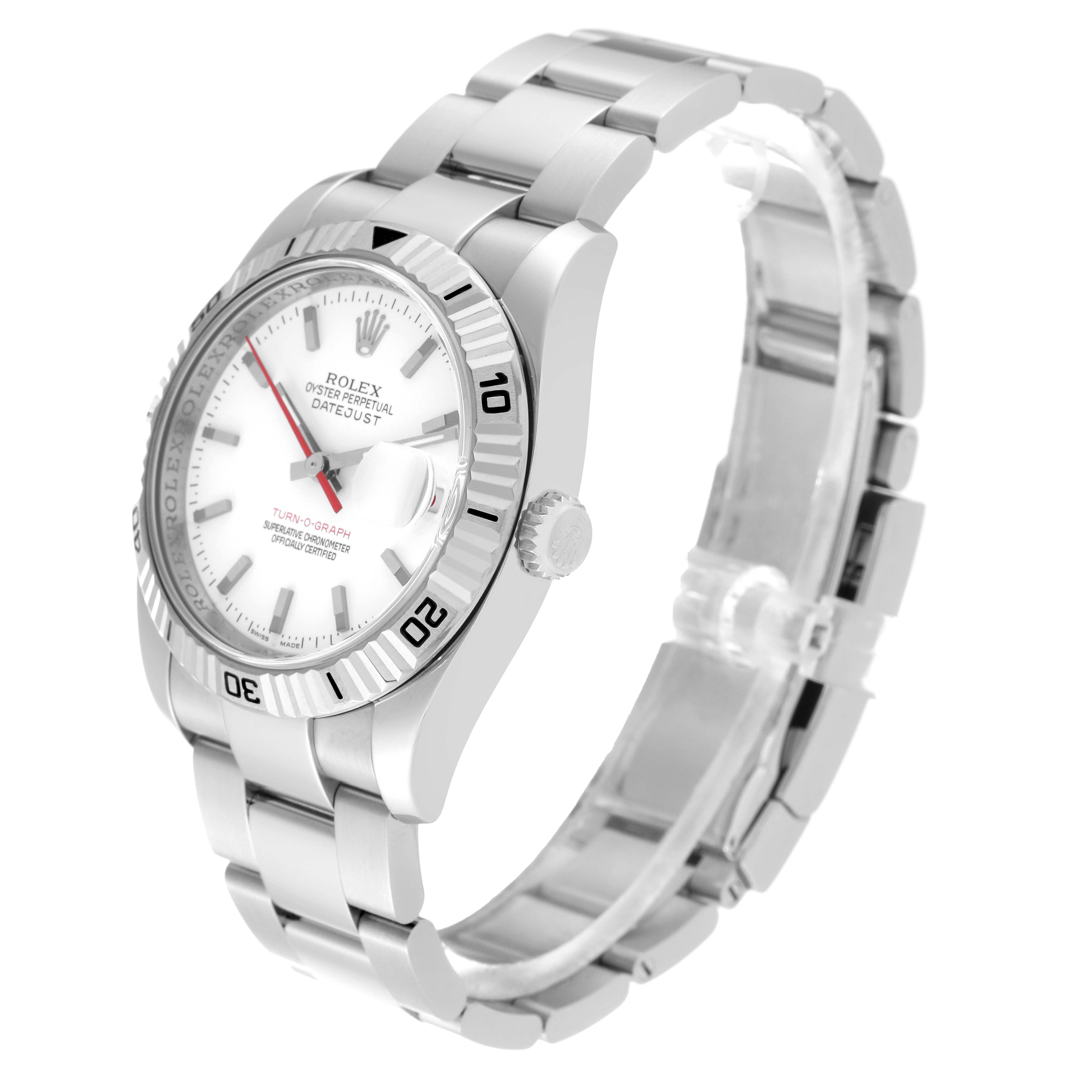 The image shows a side angle of a Rolex Turn-o-Graph 116264 Men's Stainless Steel White Dial 116264 Men's Stainless Steel White Dial watch, highlighting the dial, bezel, crown, and bracelet.