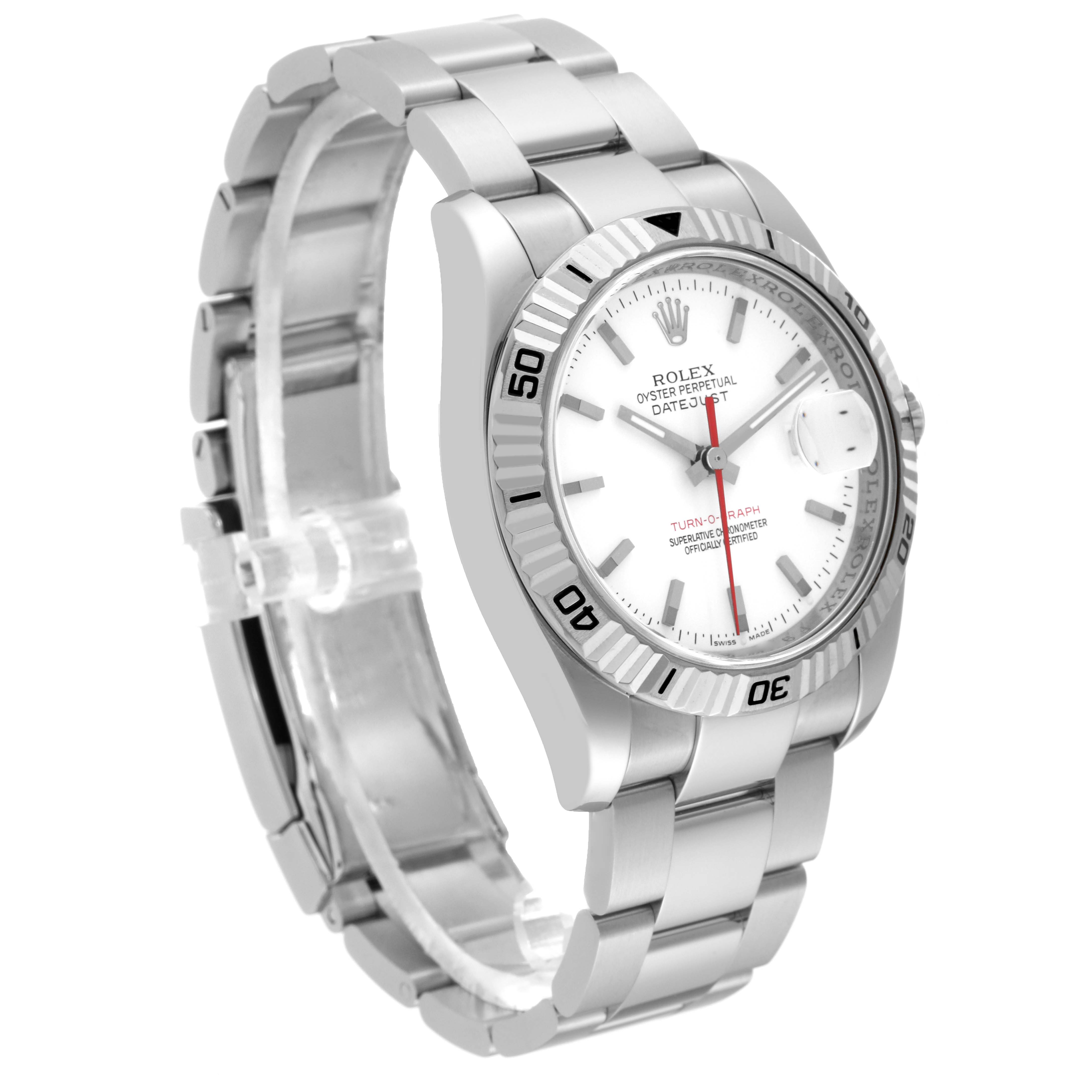The image shows a Rolex Turn-o-Graph 116264 Men's Stainless Steel White Dial 116264 Men's Stainless Steel White Dial model watch at a three-quarter angle, highlighting its face, bezel, and bracelet.