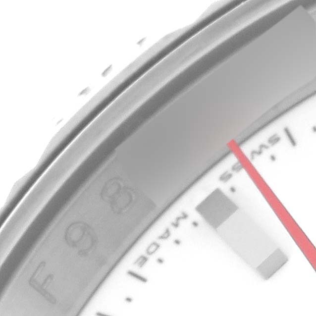 This close-up image of the Rolex Turn-o-Graph 116264 Men's Stainless Steel White Dial 116264 Men's Stainless Steel White Dial watch shows part of the bezel, dial, and red seconds hand.