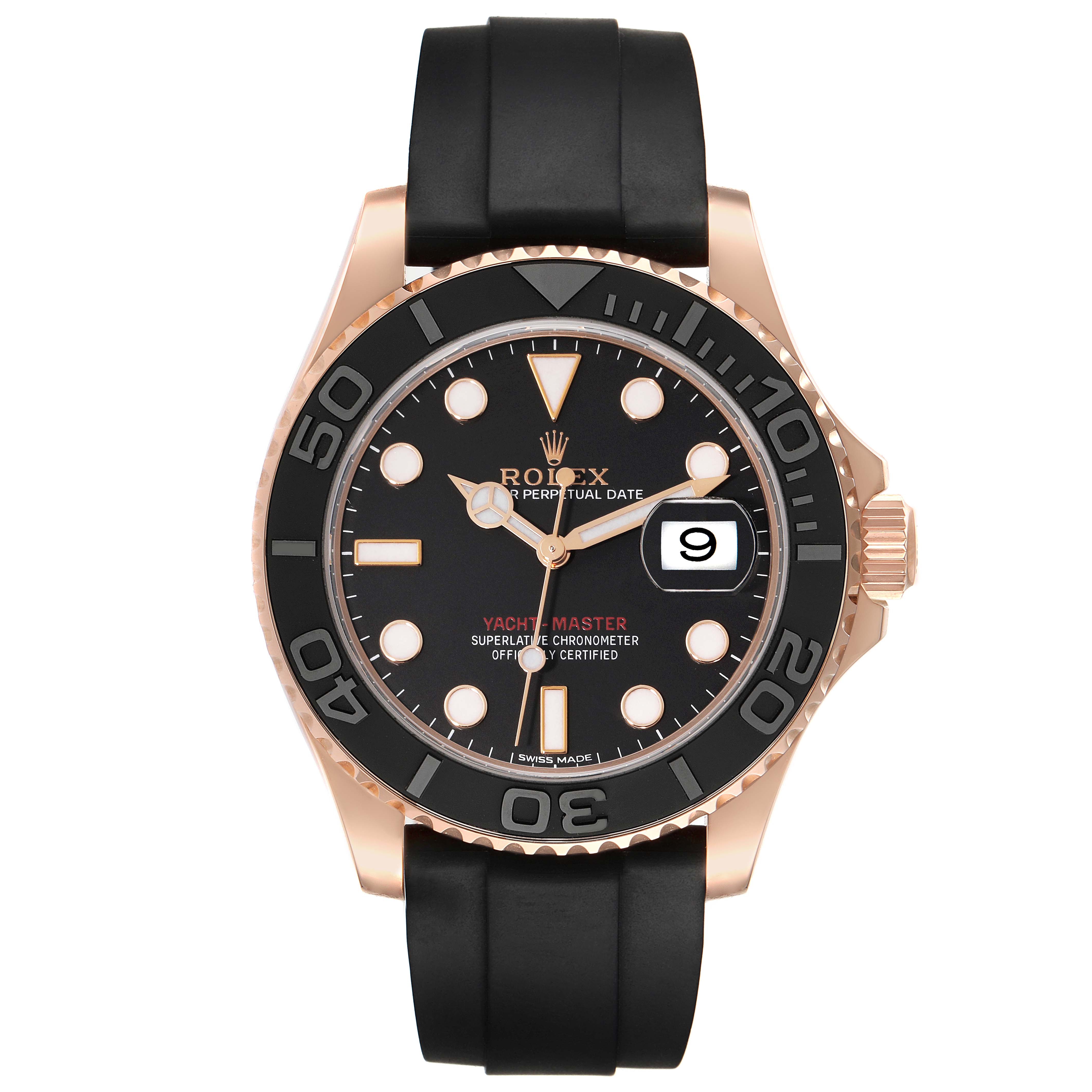 This image shows a frontal view of a Rolex Yacht-Master 116655 Men's Rose Gold Black Dial 116655 Men's Rose Gold Black Dial watch, highlighting its bezel, dial, hands, date window, and black rubber strap.