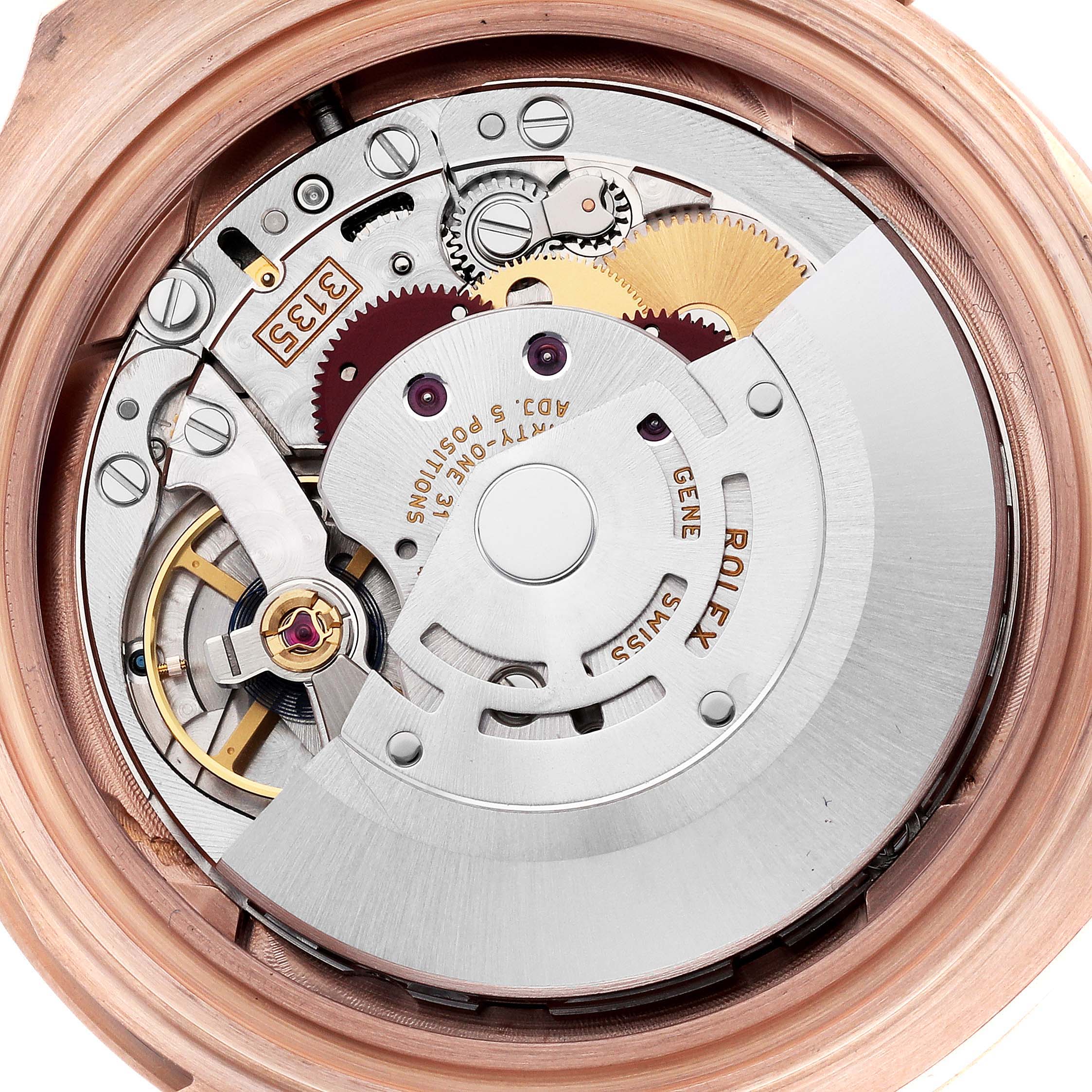 This image shows an up-close, top view of the movement mechanism of a Rolex Yacht-Master 116655 Men's Rose Gold Black Dial 116655 Men's Rose Gold Black Dial watch.