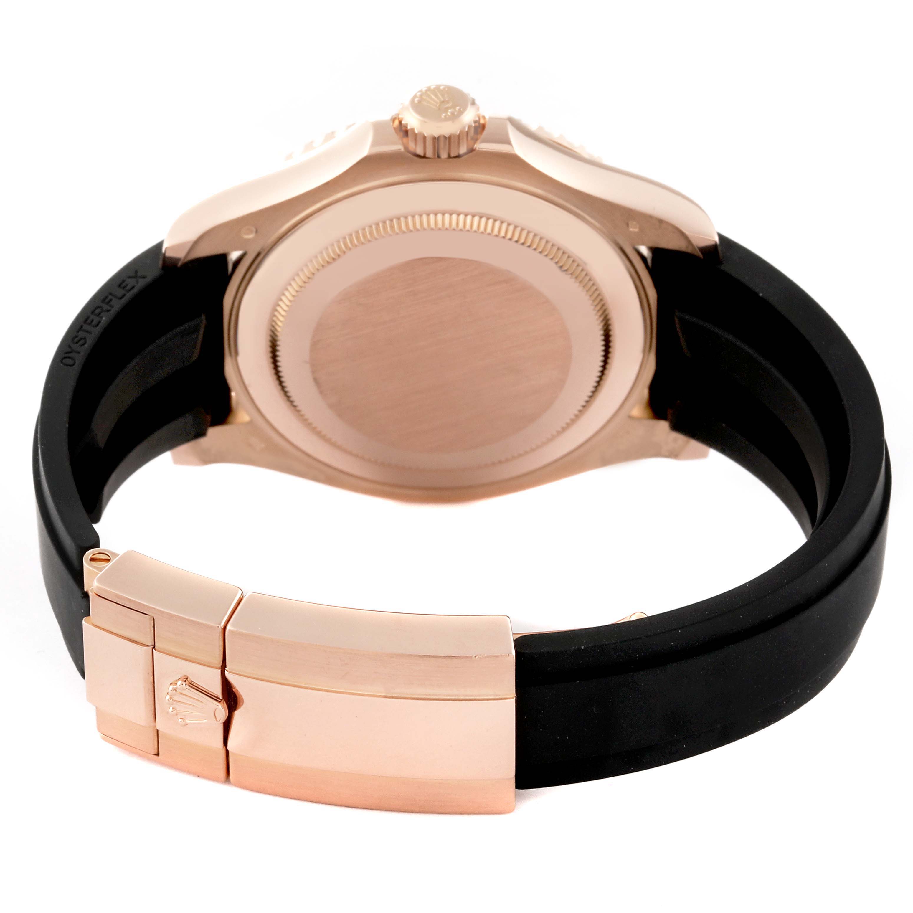 The image shows the back casing and clasp of a Rolex Yacht-Master 116655 Men's Rose Gold Black Dial 116655 Men's Rose Gold Black Dial watch, angled to display the watch strap and buckle.
