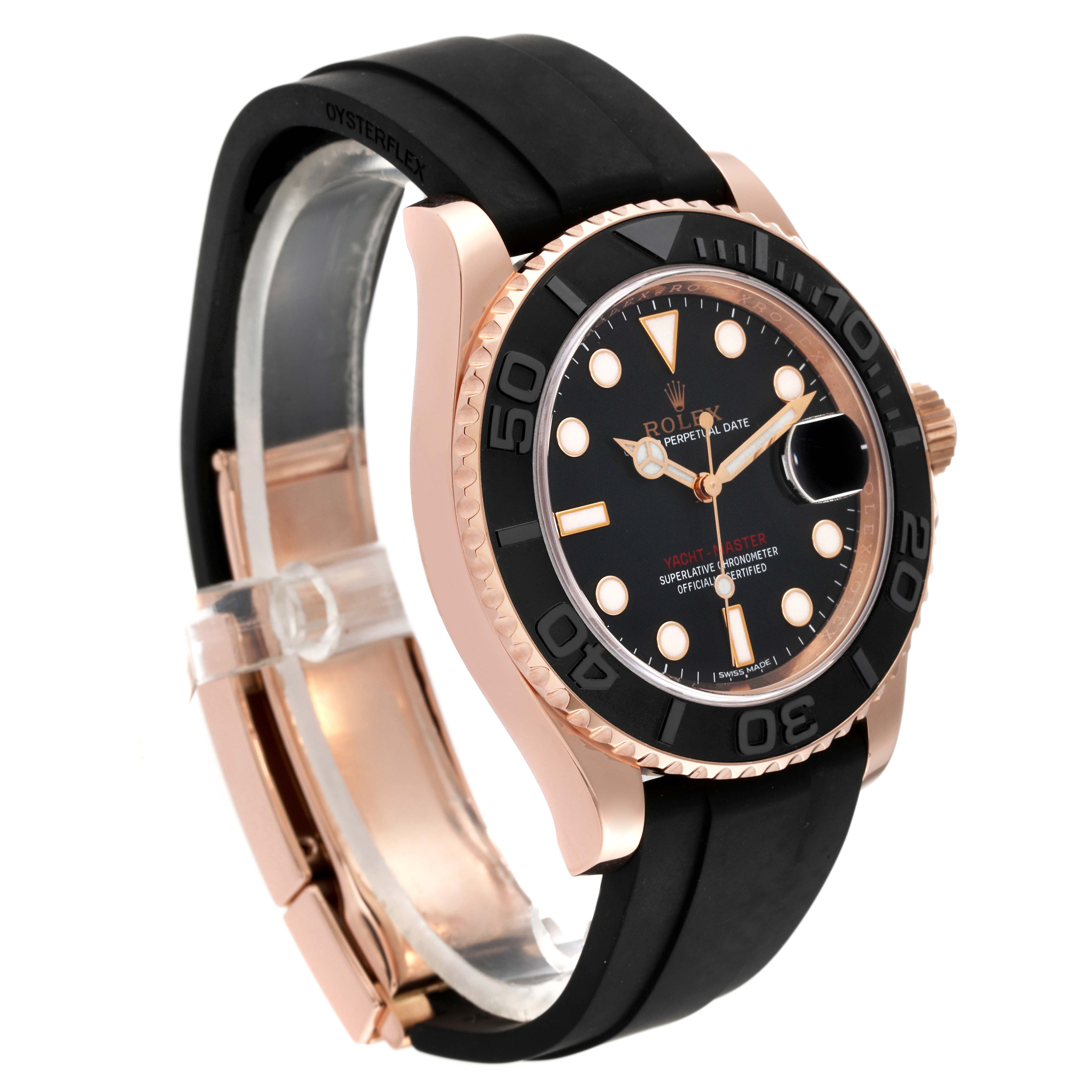 The Rolex Yacht-Master 116655 Men's Rose Gold Black Dial 116655 Men's Rose Gold Black Dial watch is shown from a front-side angle, featuring its dial, bezel, crown, and rubber strap.