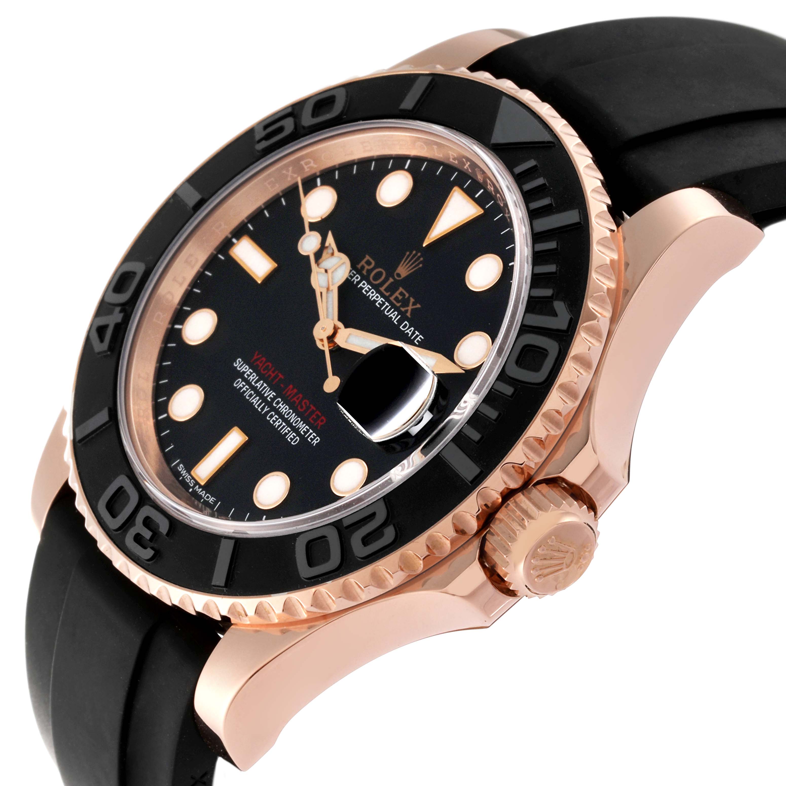 The Rolex Yacht-Master 116655 Men's Rose Gold Black Dial 116655 Men's Rose Gold Black Dial watch is shown at an angled side view, highlighting the bezel, crown, face, and part of the strap.